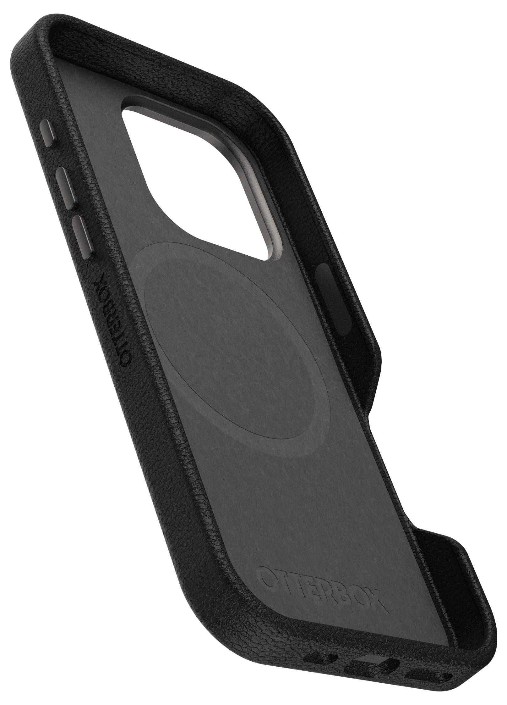 Eine schwarze Smartphone-Hülle mit robustem Design, erhöhten Kanten und seitlichen Tastenabdeckungen für Schutz und Funktionalität.