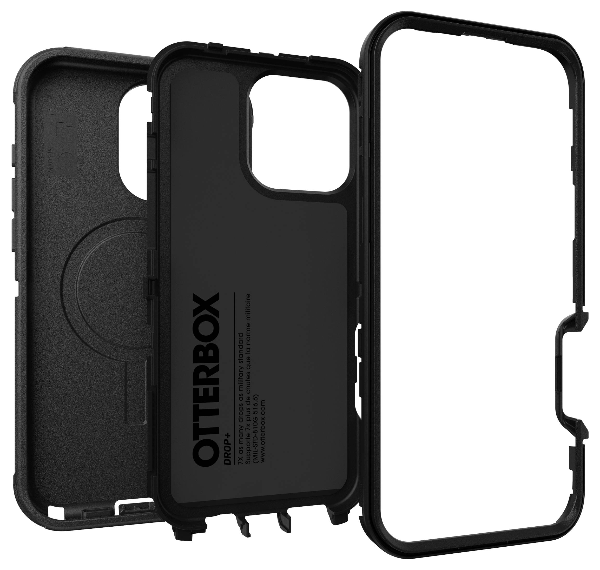 Dreiteilige schwarze Handyhülle von Otterbox, mit robuster Außenhülle und stoßdämpfendem Design, passend für ein Smartphone.