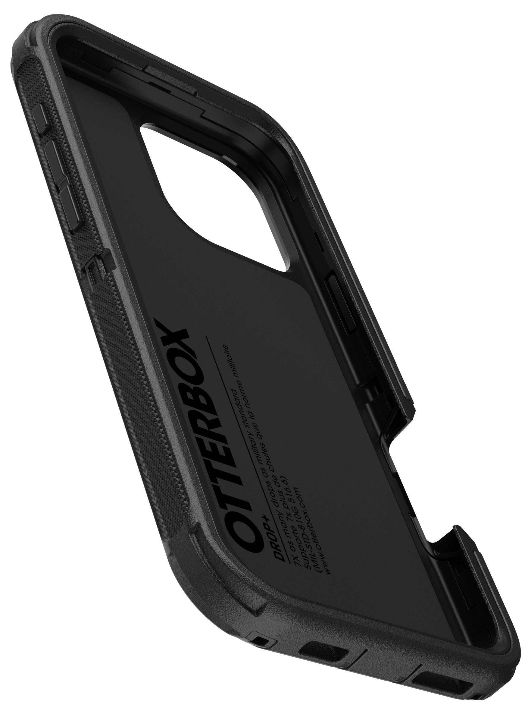 Schwarze Handyhülle mit robustem Design, leicht hochkant positioniert, mit 'OtterBox'-Marke innen sichtbar.