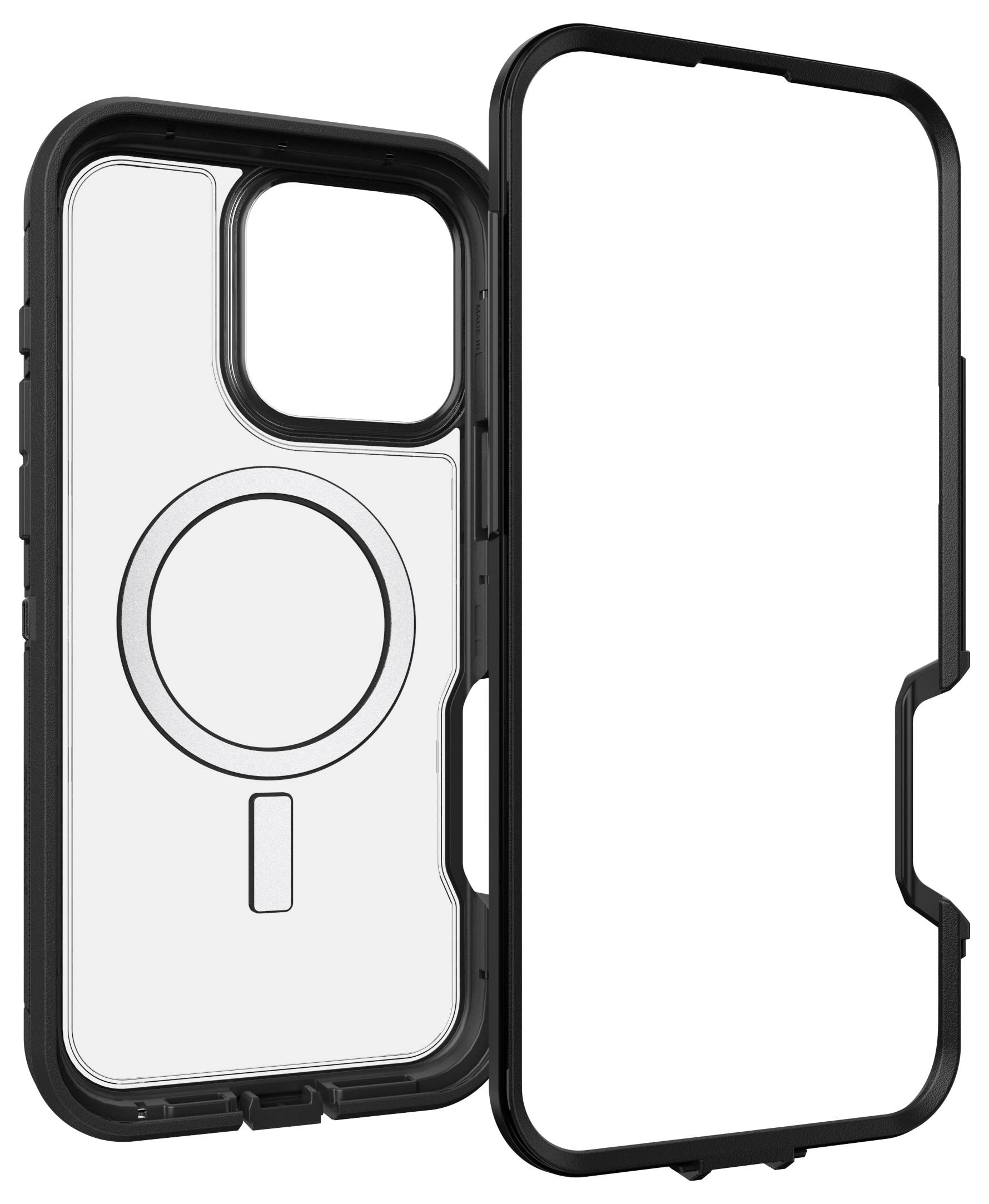 Eine durchsichtige Handyhülle mit schwarzem Rand und MagSafe-Kompatibilität wird in zwei Teilen gezeigt – Vorder- und Rückseite.