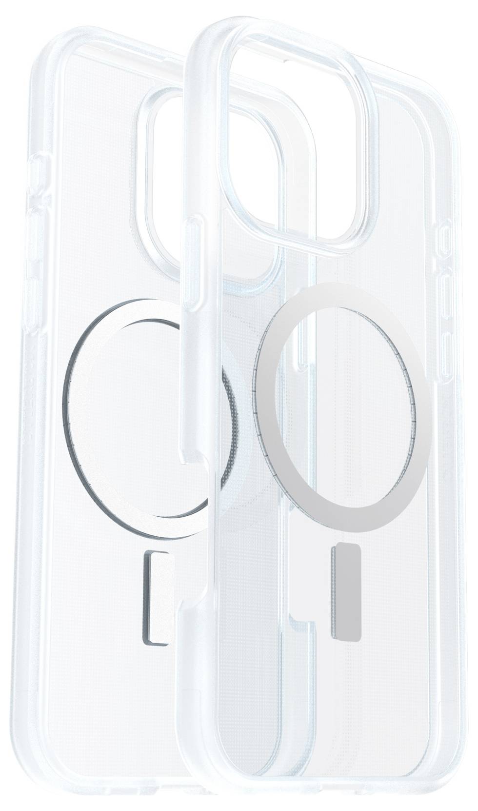 Transparente Handyhülle mit kreisförmigem Magnetdesign, das Kompatibilität mit MagSafe-Zubehör ermöglicht.