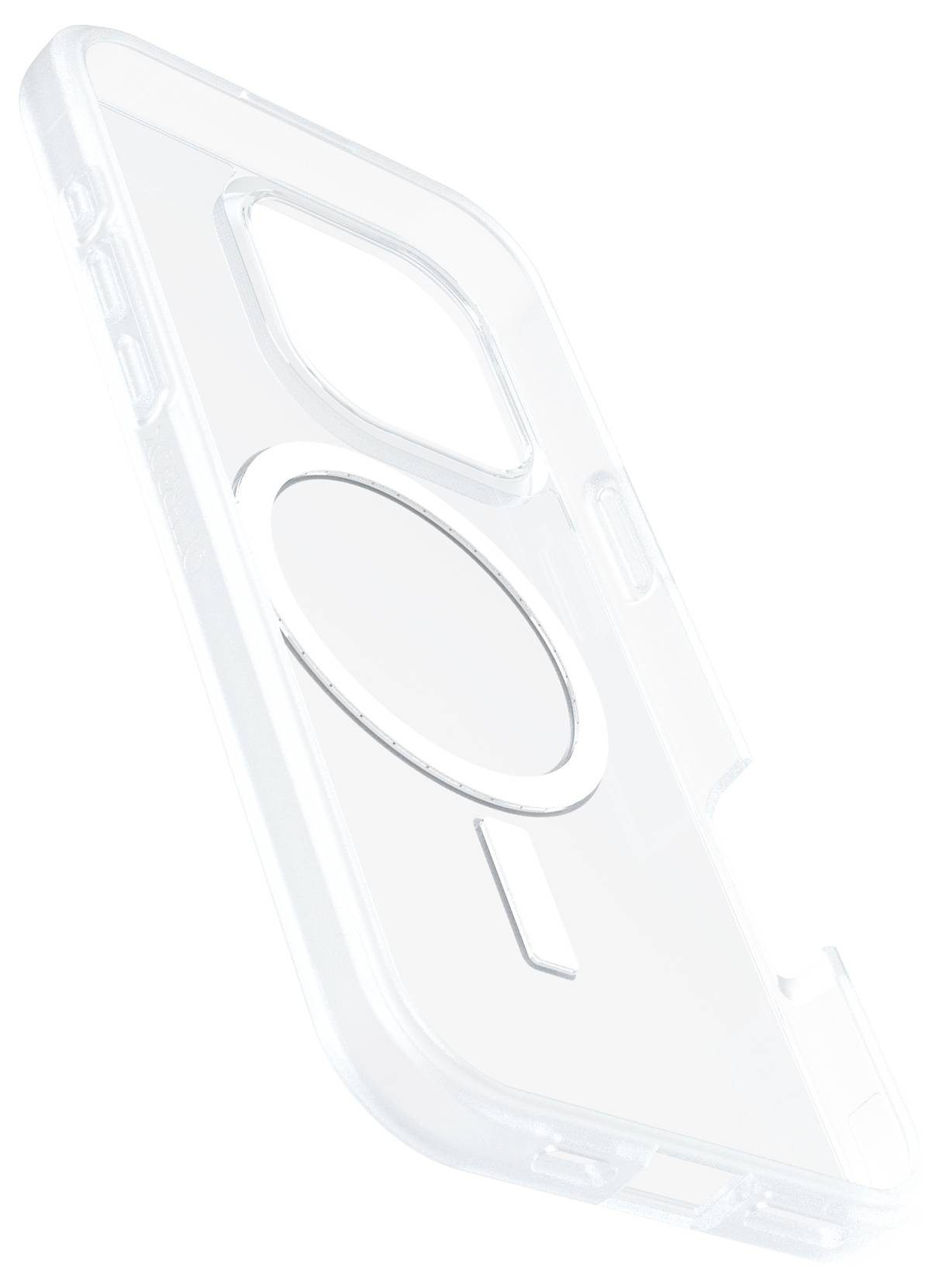 Eine transparente Smartphone-Hülle mit einem kreisförmigen Magnetring und Aussparungen für Kamera und Anschlüsse.