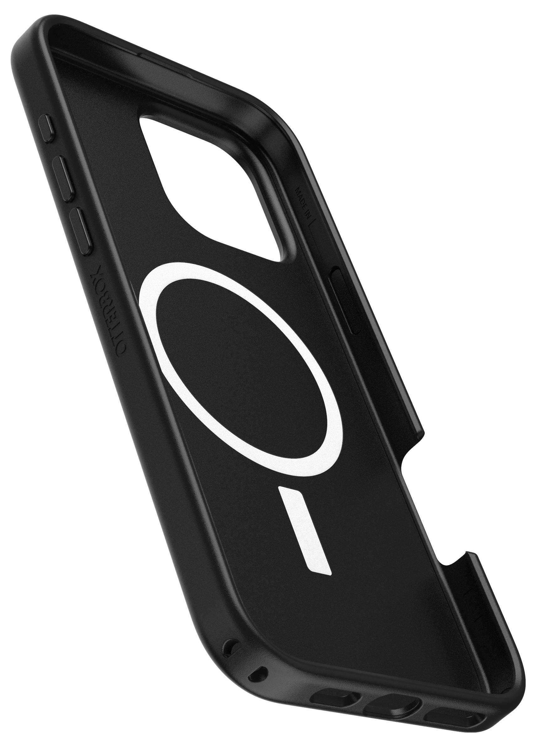 Schwarze Handyhülle mit weißem Kreismuster und seitlichen Knöpfen, schlichte, robuste Bauweise.