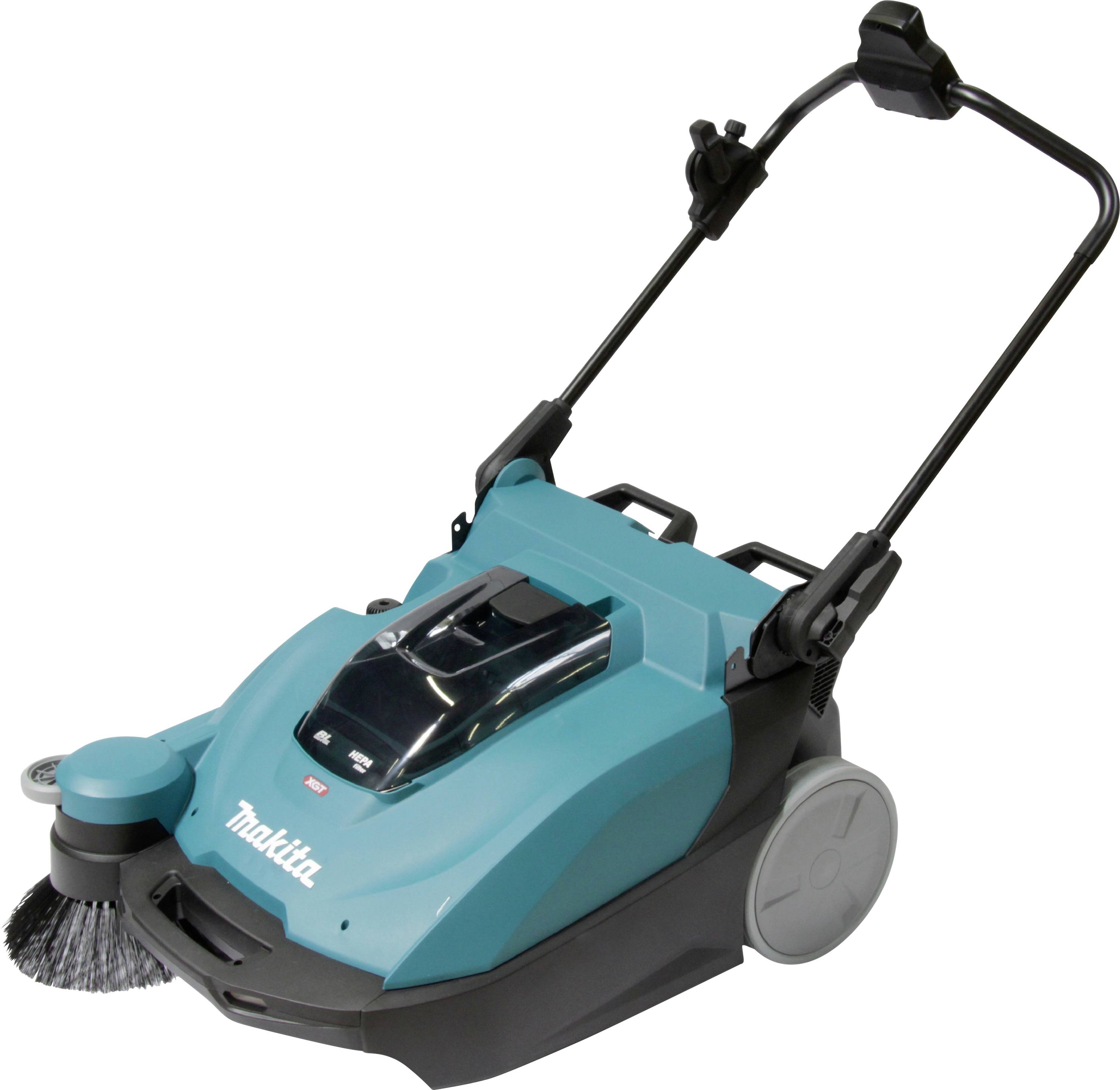 Akku-Kehrmaschine von Makita mit blauen Gehäuse, oberen Griffen und seitlicher Bürste, geeignet für große Flächenreinigung.