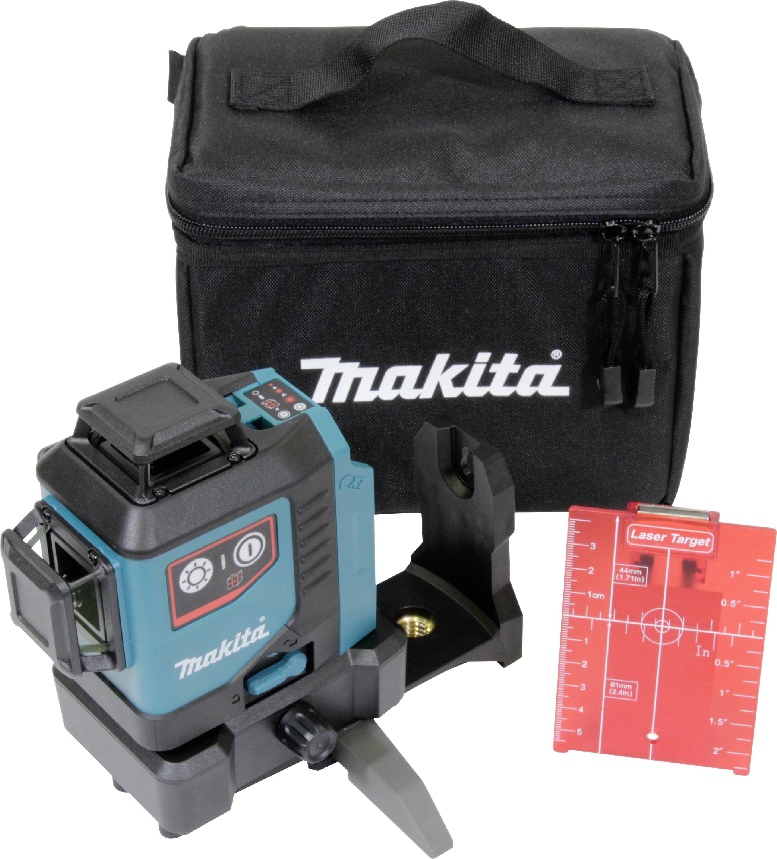 Makita Kreuzlinienlaser mit Etui und rotem Lasertarget, ideal für präzise Bauarbeiten und Ausrichtungen.