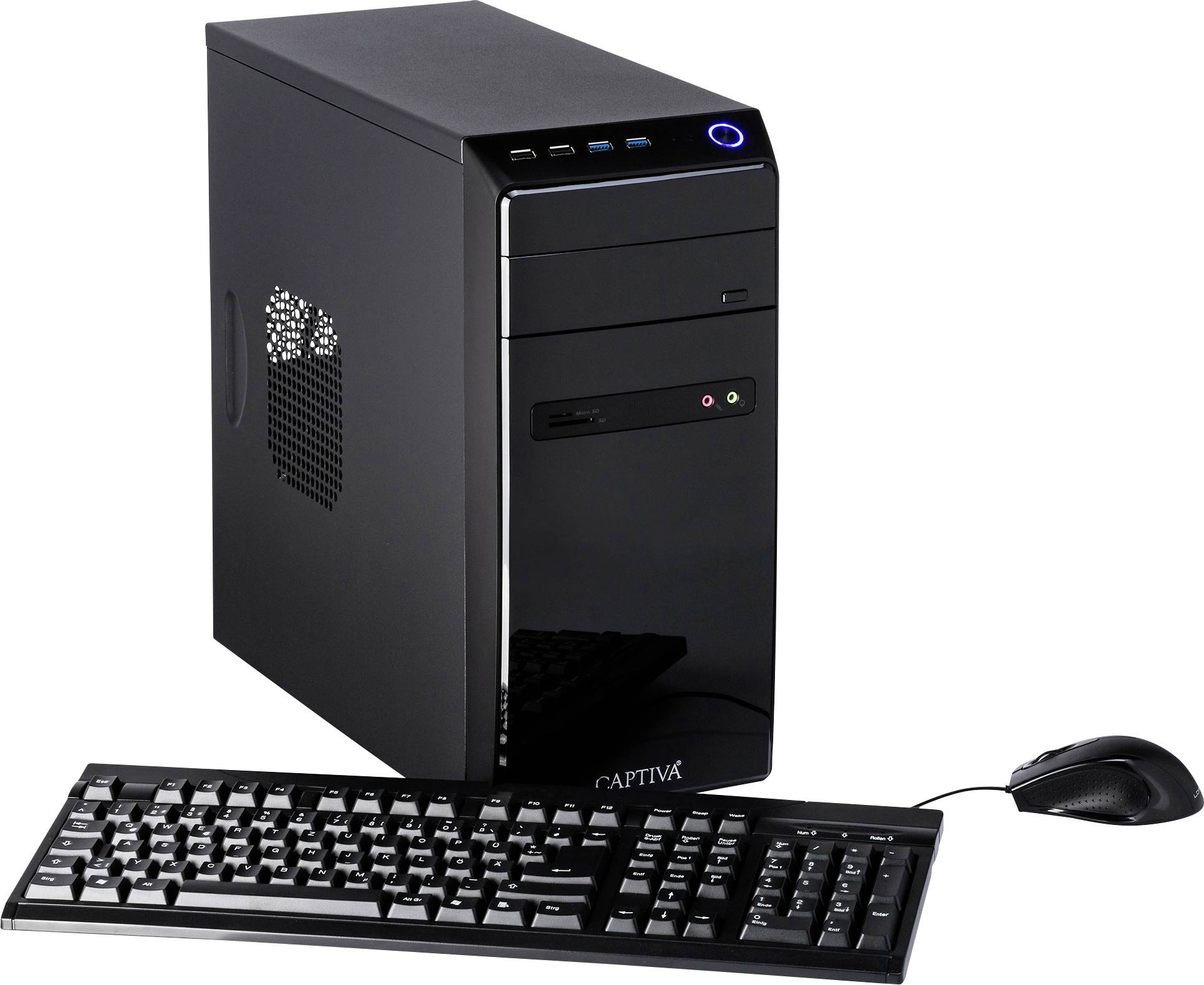 Schwarzer Desktop-Computer mit Tastatur und Maus; zeigt Standard-Büro- oder Heim-PC-Setup.