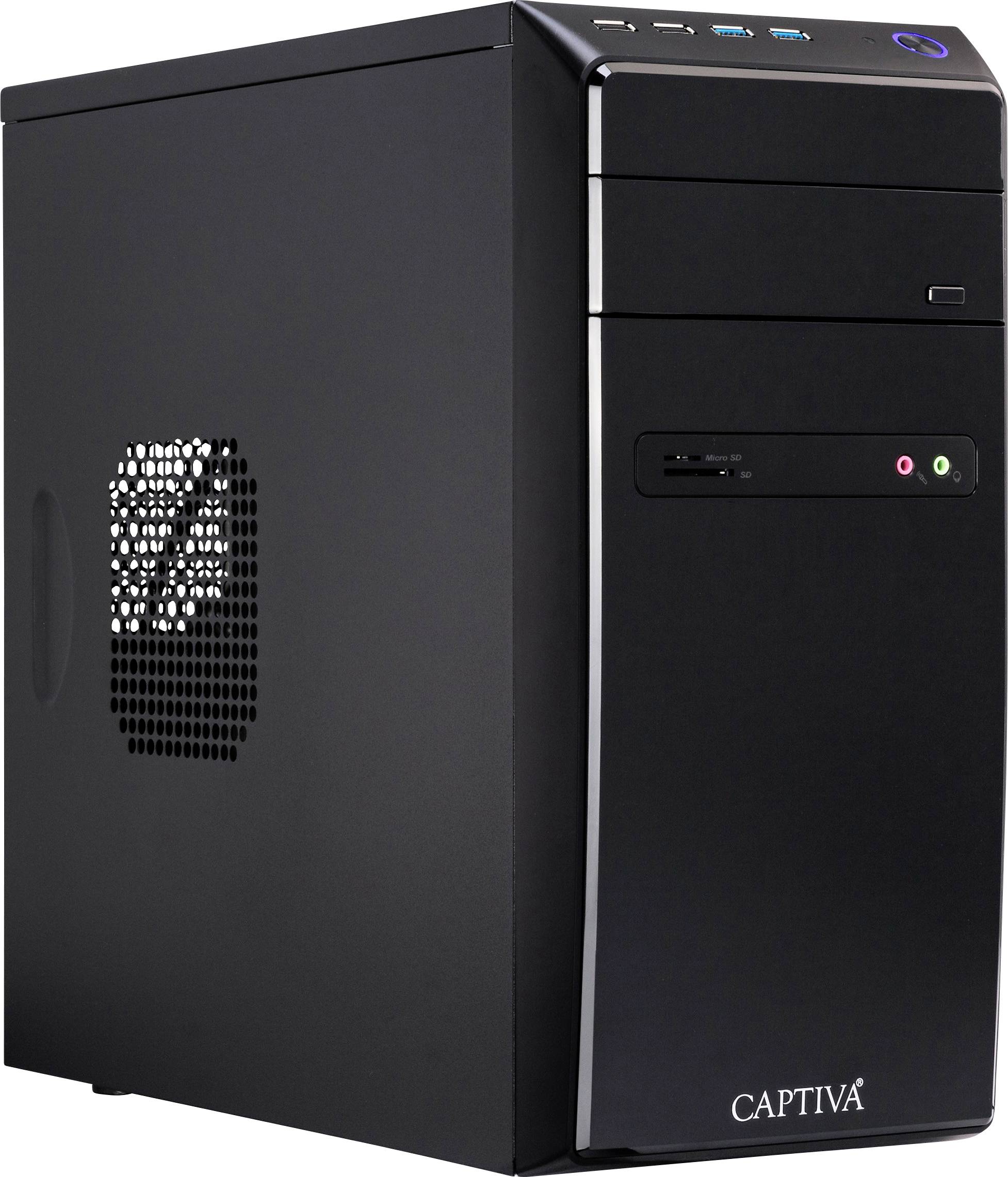 Schwarzer Computer-Tower mit USB- und Audioanschlüssen an der Vorderseite.