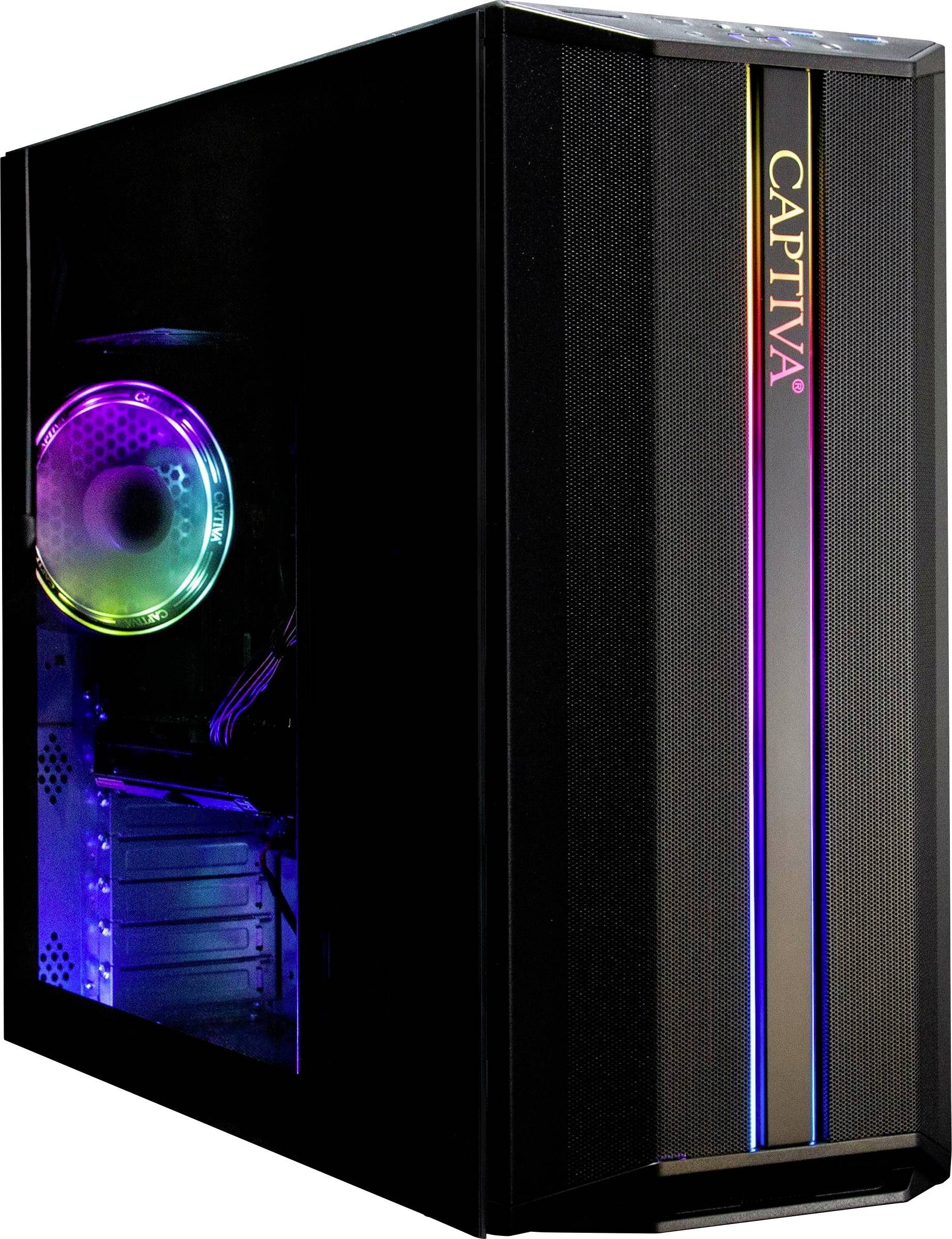Ein schwarzer Computergehäuse mit farbig leuchtendem Lüfter auf der linken Seite und dem Schriftzug 'CAPTIVA' vertikal auf der Vorderseite.