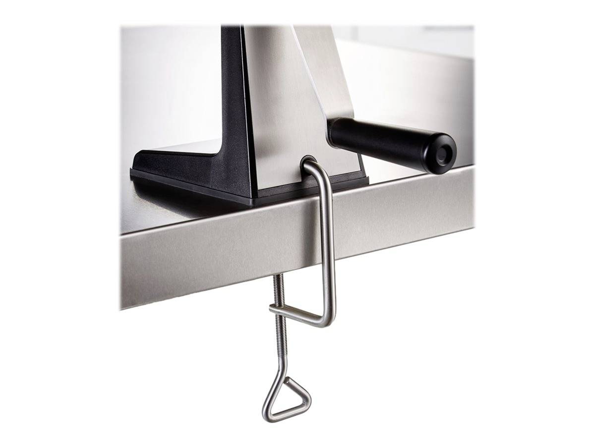 Ein schwarzer Messerblock mit Stahlklinge, der mit einer Klammer fest an einem Tisch befestigt ist.