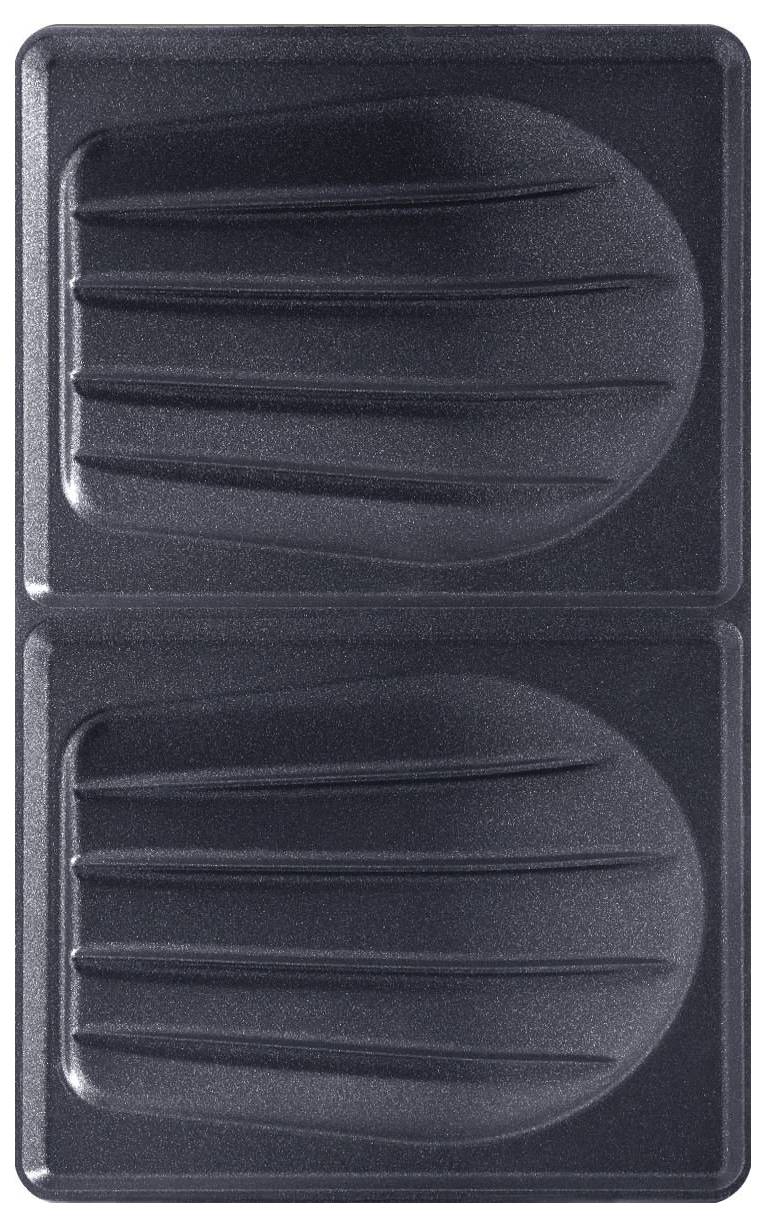 Zwei schwarze, rechteckige Grillplatten mit gerillter Oberfläche, übereinander angeordnet.