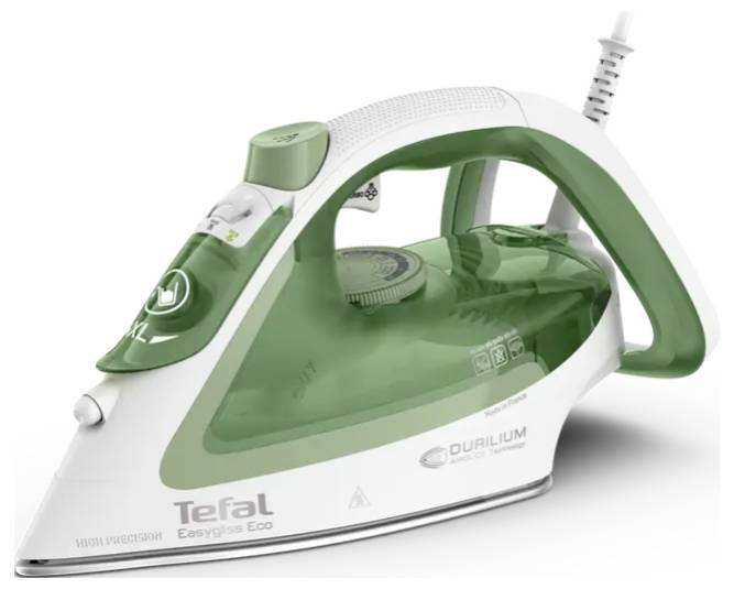 Ein grünes und weißes Bügeleisen der Marke Tefal mit Dampffunktion.