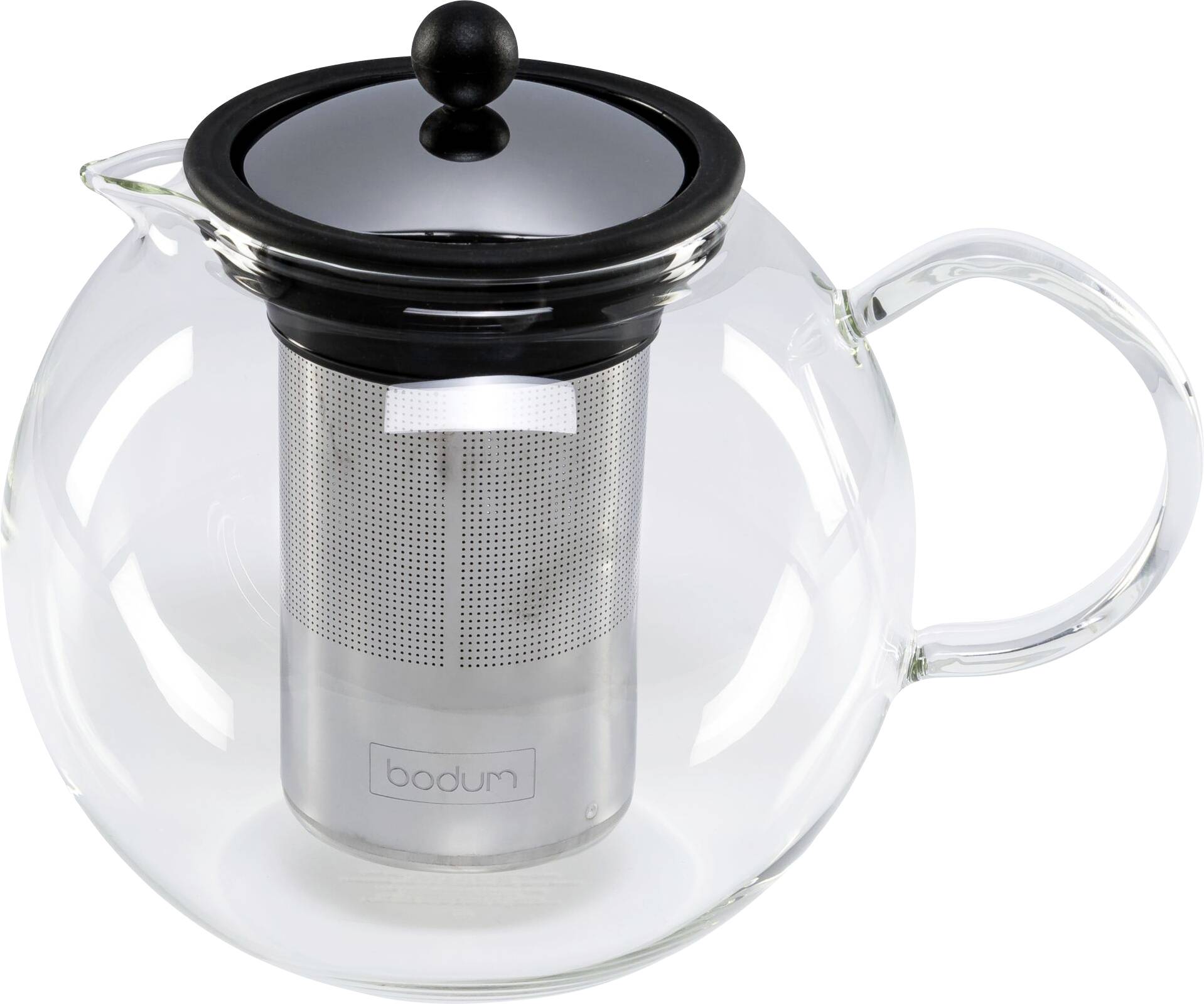 Gläserne Teekanne mit Edelstahl-Filtereinsatz und schwarzem Deckel; bietet klare Sicht auf den Tee während des Ziehens.