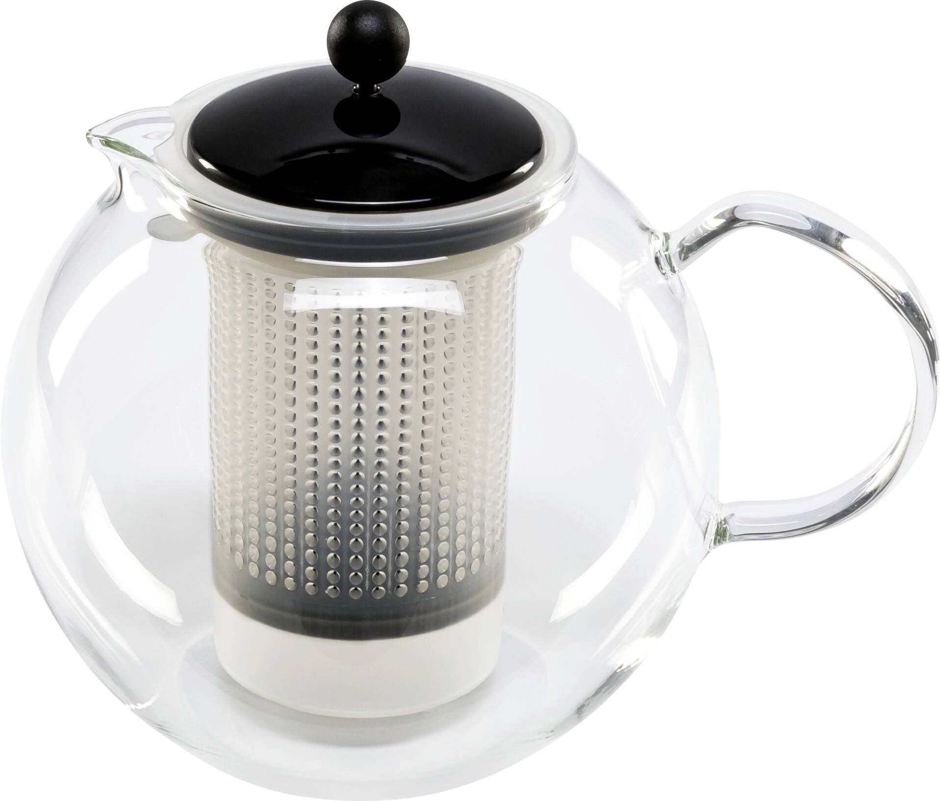 Eine runde, transparente Teekanne aus Glas mit schwarzem Deckel und integriertem Metallfiltereinsatz in der Mitte.