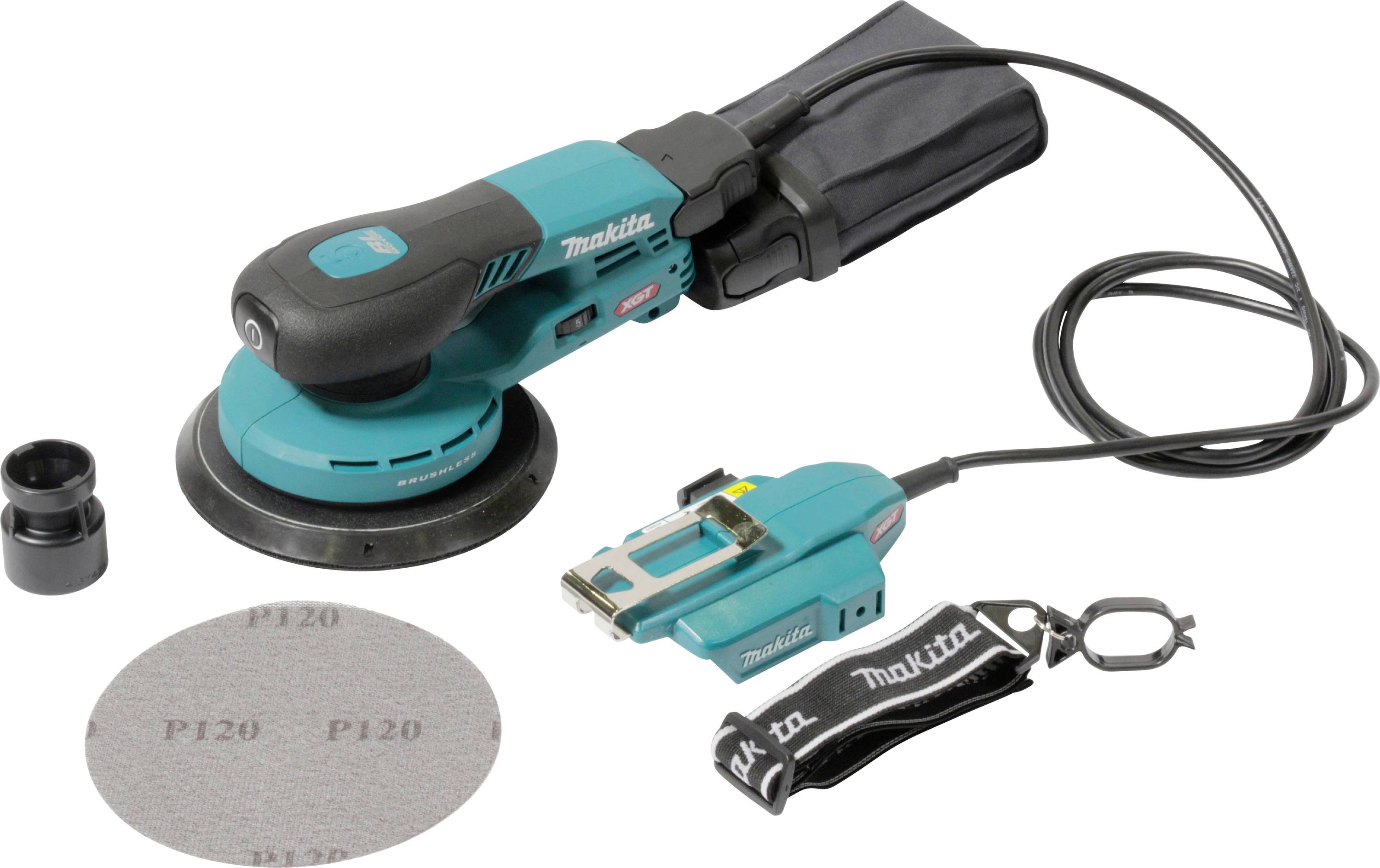Exzenterschleifer mit Staubsack, Netzstecker und Schleifscheibe. Farbe: Türkis und Schwarz. Markiert mit 'Makita'.