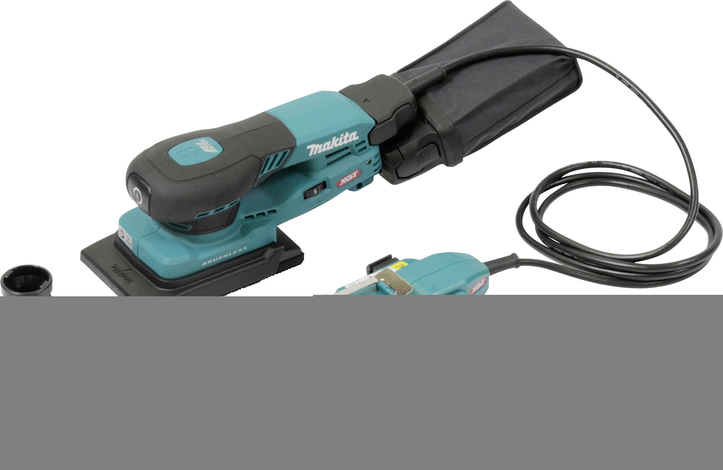 Schleifmaschine von der Marke Makita mit rechteckiger Schleiffläche, an der ein Staubfangsack und ein Netzkabel angebracht sind.
