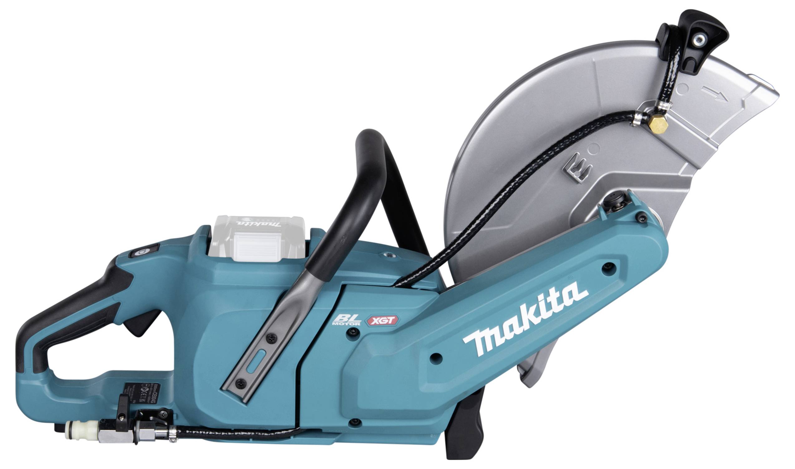 Eine blaue Makita-Handkreissäge mit schwarzem Griff und silbernem Sägeblatt, seitlich fotografiert, zeigt das Markenlogo.