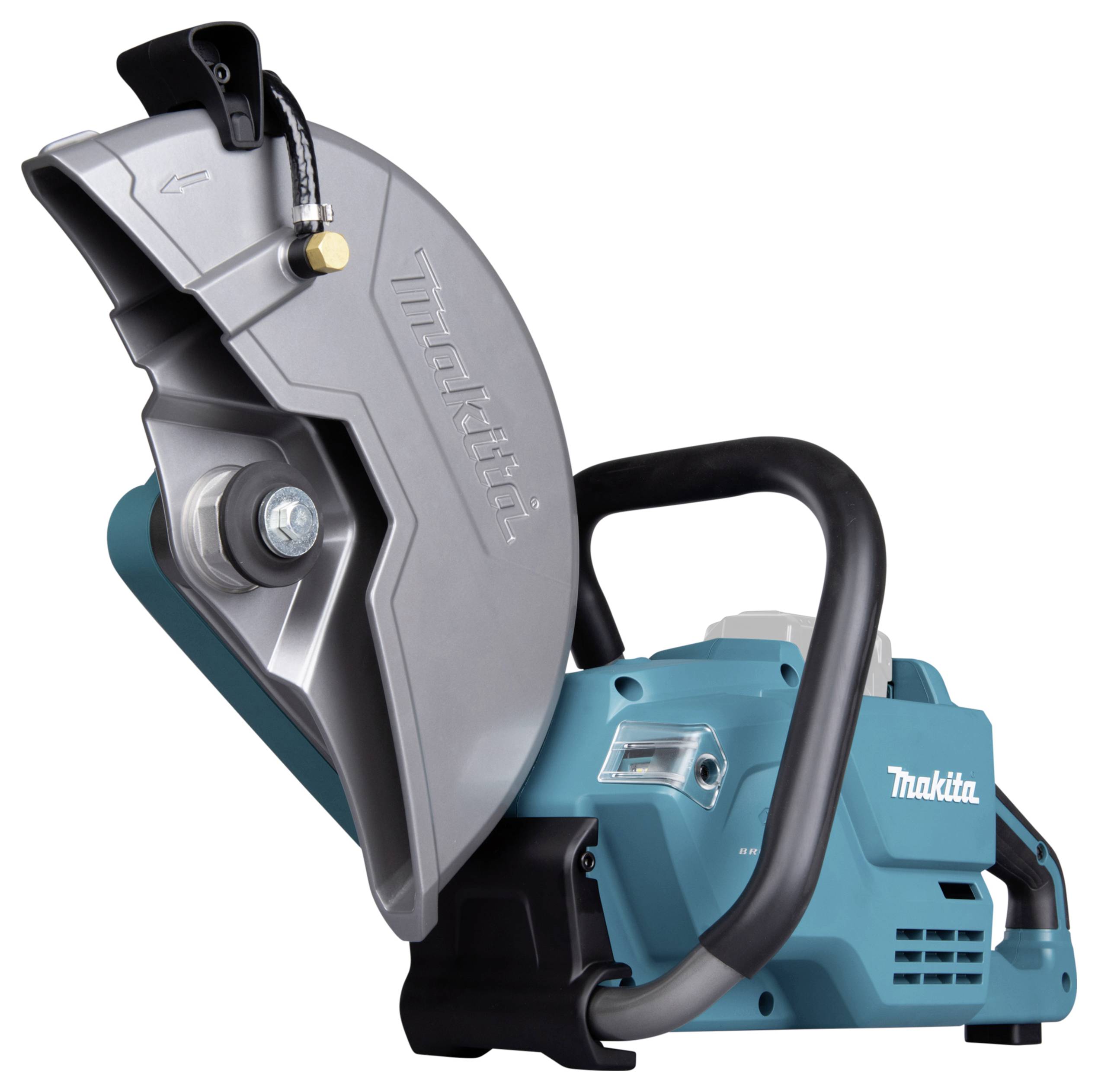 Ein blau-grünes, elektrisches Schneidegerät, markiert mit 'Makita', mit großer Metallscheibe und ergonomischem Griff, Ansicht von der Seite.