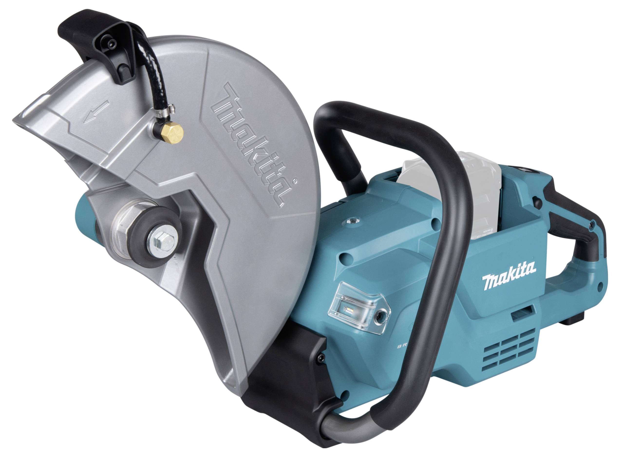 Elektrohandtrennschleifer von Makita in Blau und Silber, mit ergonomischem Griff und großem Schneideblatt, geeignet für Baustellenarbeiten.