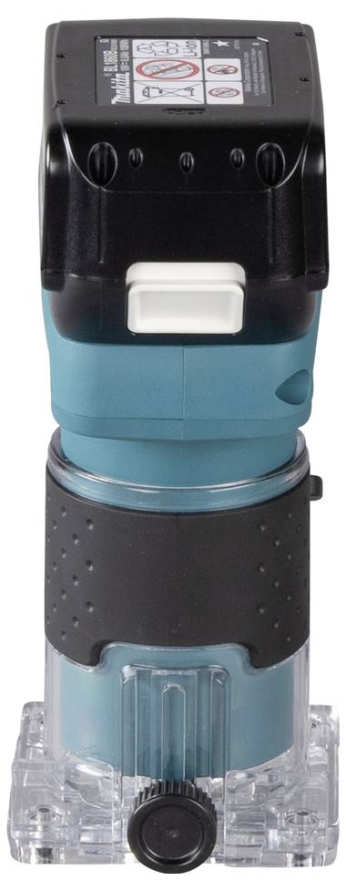 Ein kompaktes, tragbares Fräswerkzeug in Blau und Schwarz mit transparenter Basis, das zum Holzbearbeiten und Kantentrimmen verwendet wird.