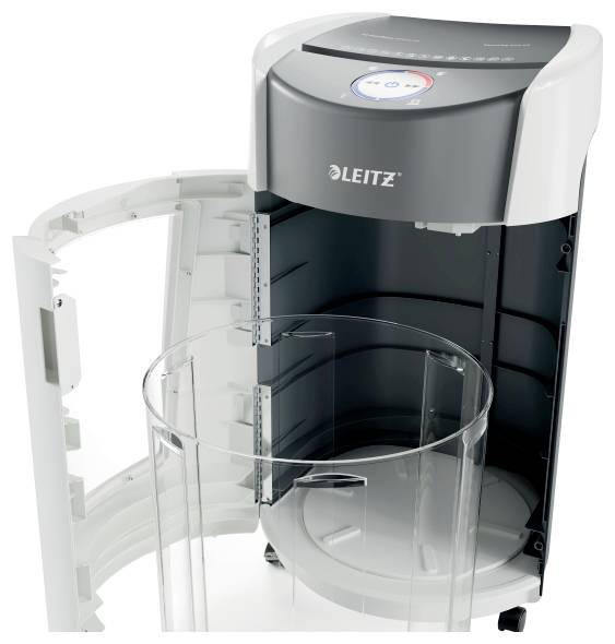 Ein geöffneter Aktenvernichter der Marke Leitz mit entnommenem Auffangbehälter.