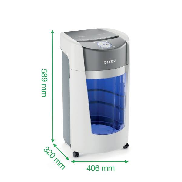 Ein Aktenvernichter mit einem blauen Auffangbehälter und Maßen: Höhe 589 mm, Breite 320 mm, Tiefe 406 mm. Markennamen sichtbar.