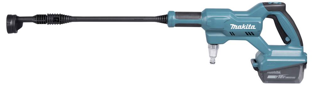 Akku-Hochdruckreiniger in Blau, länglicher Schlauch, geeignet für flexible Reinigungsaufgaben im Außenbereich. Markenlogo seitlich.