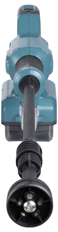 Ein elektrischer Hochdruckreiniger mit einem blauen Gehäuse und einem schwarzen Sprühschlauch, frontal abgebildet.