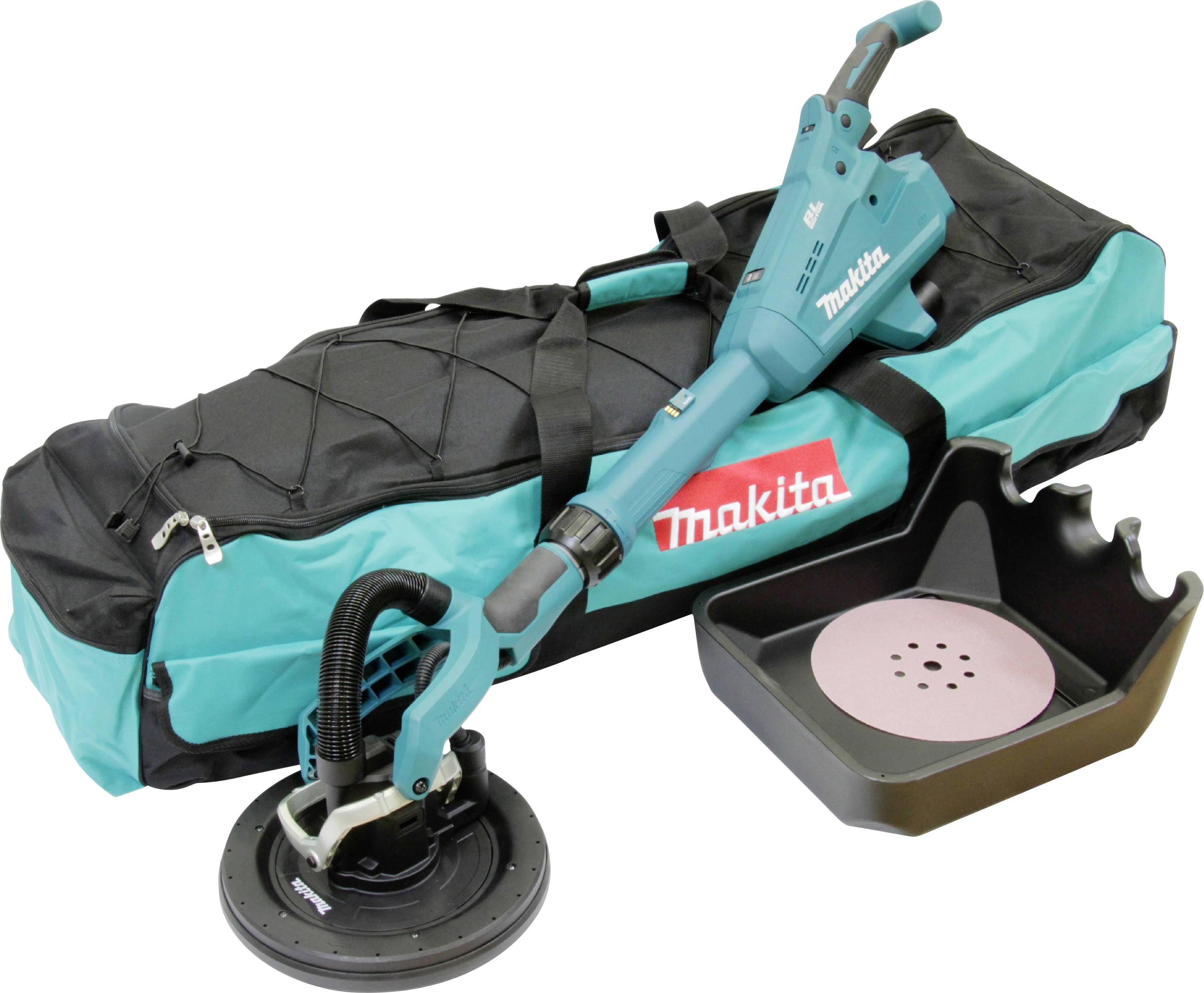 Ein blauer Makita Trockenbauschleifer mit Transporttasche und Schleifscheibe. Ideal für das Schleifen großer Wand- und Deckenflächen.
