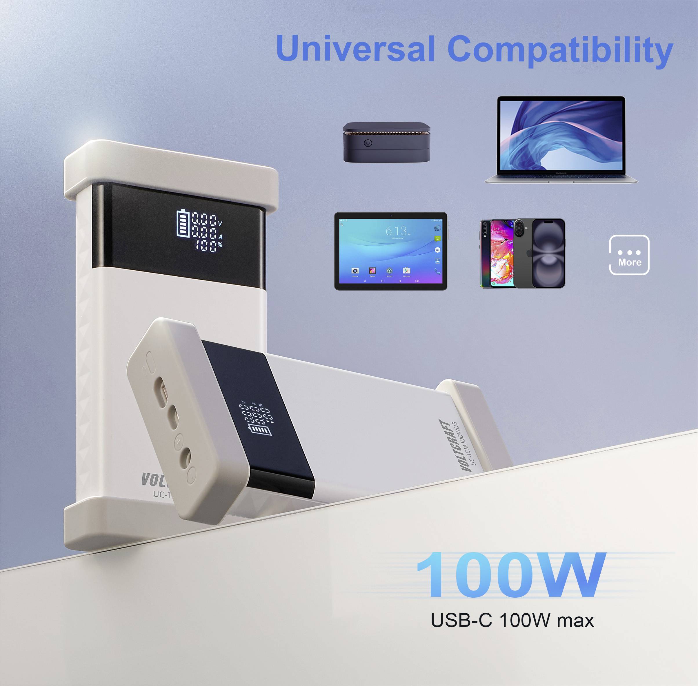 Ladegerät mit 100W USB-C-Leistung, zeigt Geräte wie Laptop, Tablet, Smartphone. Text: Universal Compatibility, 100W USB-C 100W max.