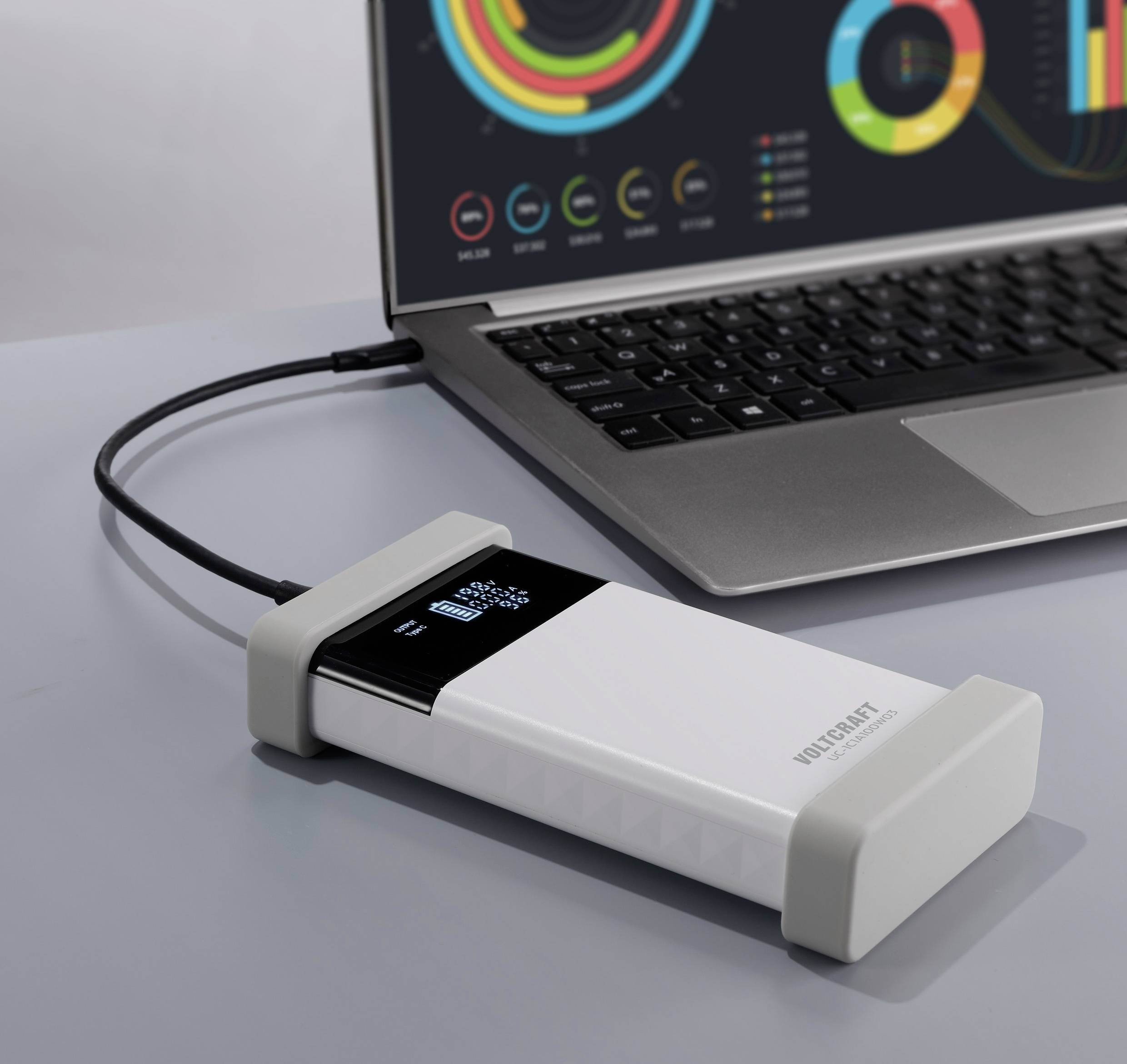Ein Laptop verbindet sich mit einer Festplatte. Der Laptopbildschirm zeigt bunte Kreisdiagramme, die Datenanalysen darstellen.