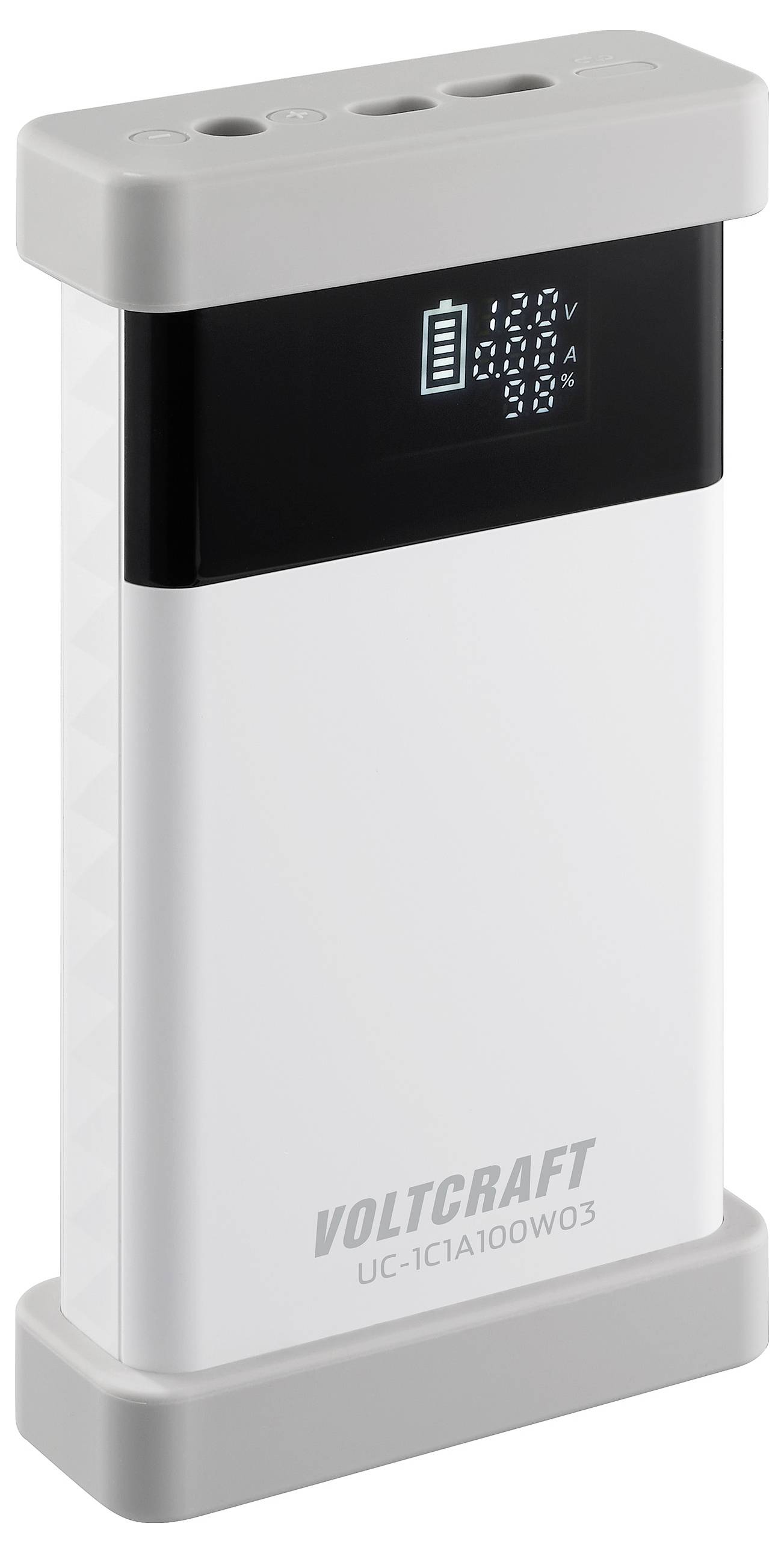 Eine Powerbank mit digitalem Display zeigt verbleibende Ladung, Spannung und Stromstärke an. Marke 'Voltcraft' unten aufgedruckt.