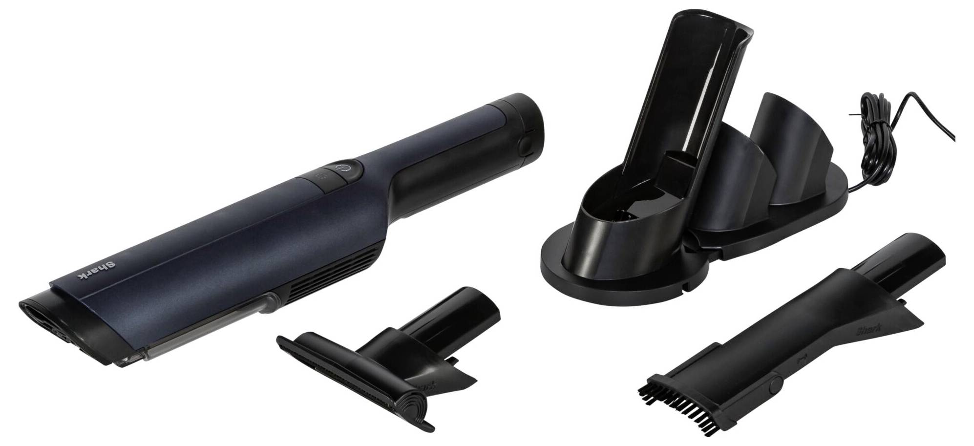 Kabelloser Mini-Staubsauger in Schwarz mit Zubehör, darunter eine Ladestation und zwei verschiedene Aufsätze. Ideal für Autos.
