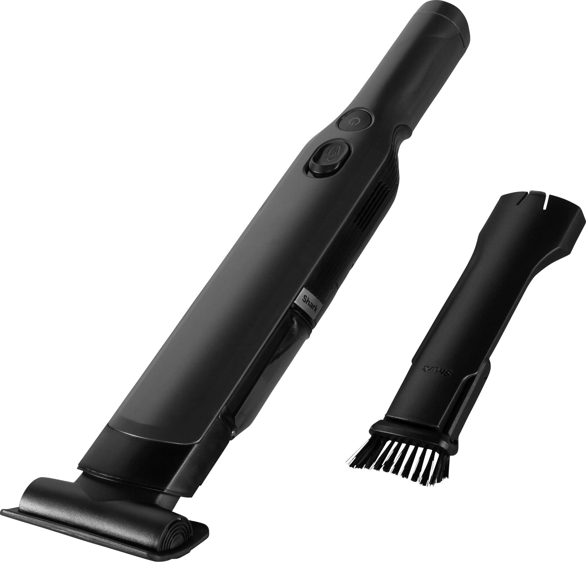 Ein schwarzer, kabelloser Handstaubsauger mit abnehmbarem Bürstenaufsatz, ideal für kleine Reinigungsarbeiten zu Hause oder im Auto.