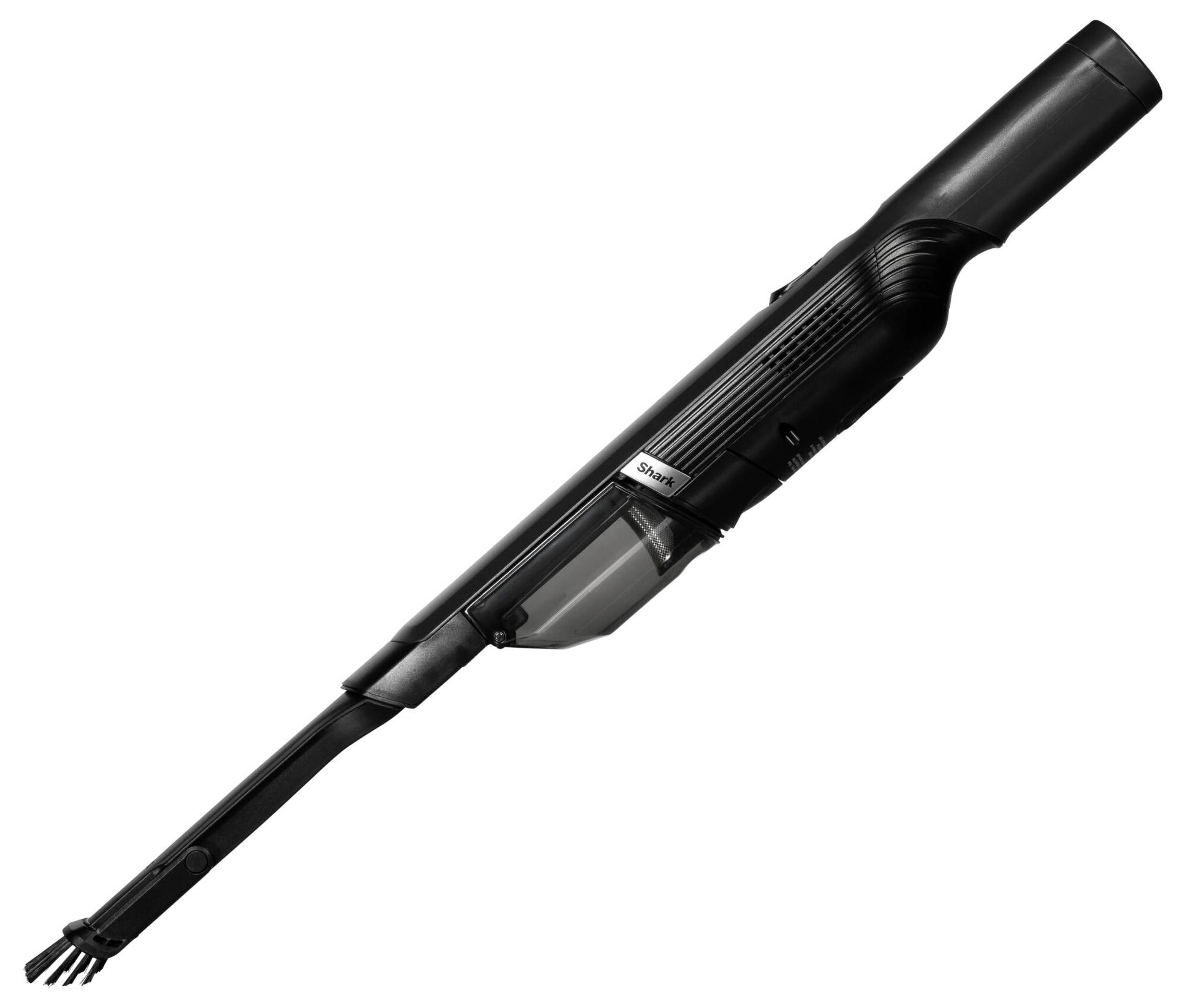 Schwarzer Handstaubsauger mit schmalem, länglichem Design für schwer erreichbare Stellen. Geeignet für kleine Reinigungsaufgaben.