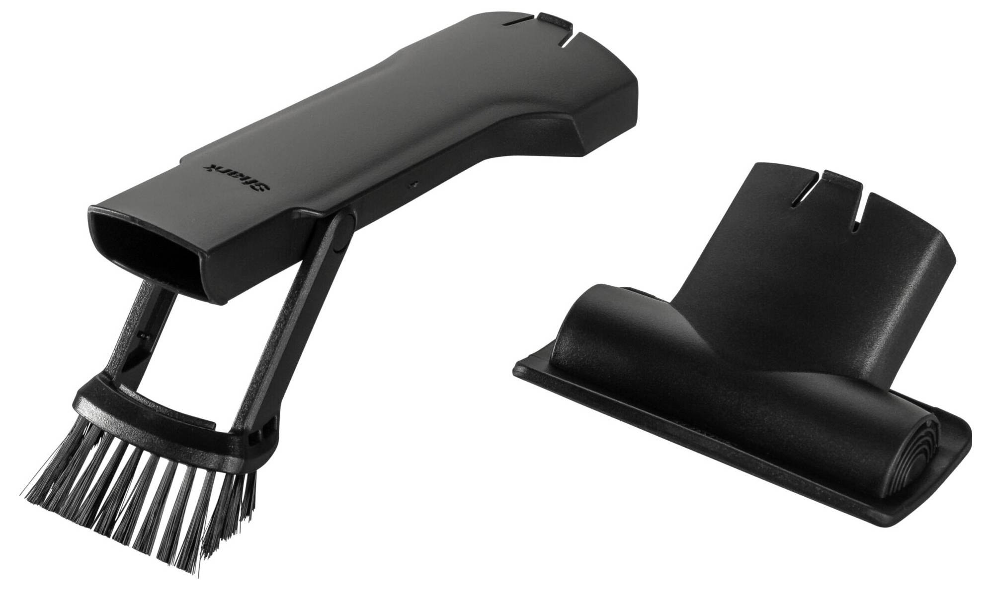 Ein schwarzer multifunktionaler Grill-Reinigungsaufsatz, bestehend aus einem Bürstenkopf und einem Schaber mit Halterung.