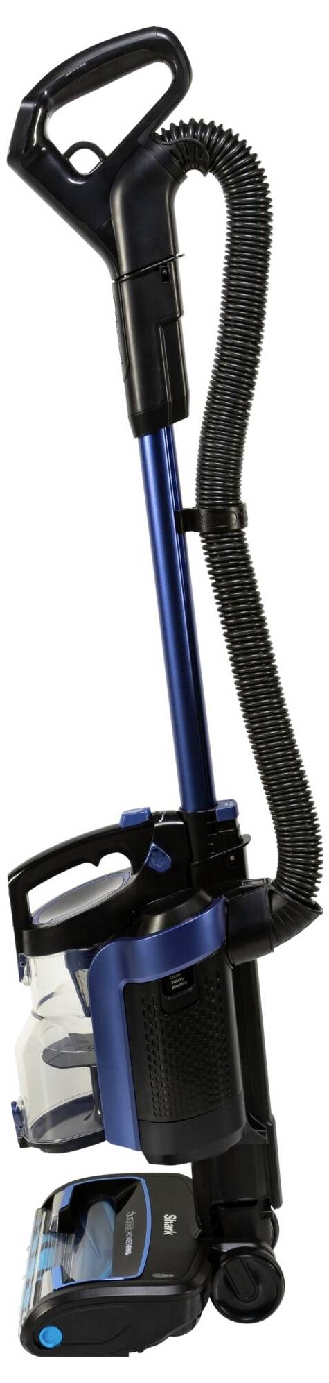 Ein schwarzer und blauer Staubsauger mit griff und Schlauch, stehend, mit einem großen, durchsichtigen Staubbehälter und Bodendüse.