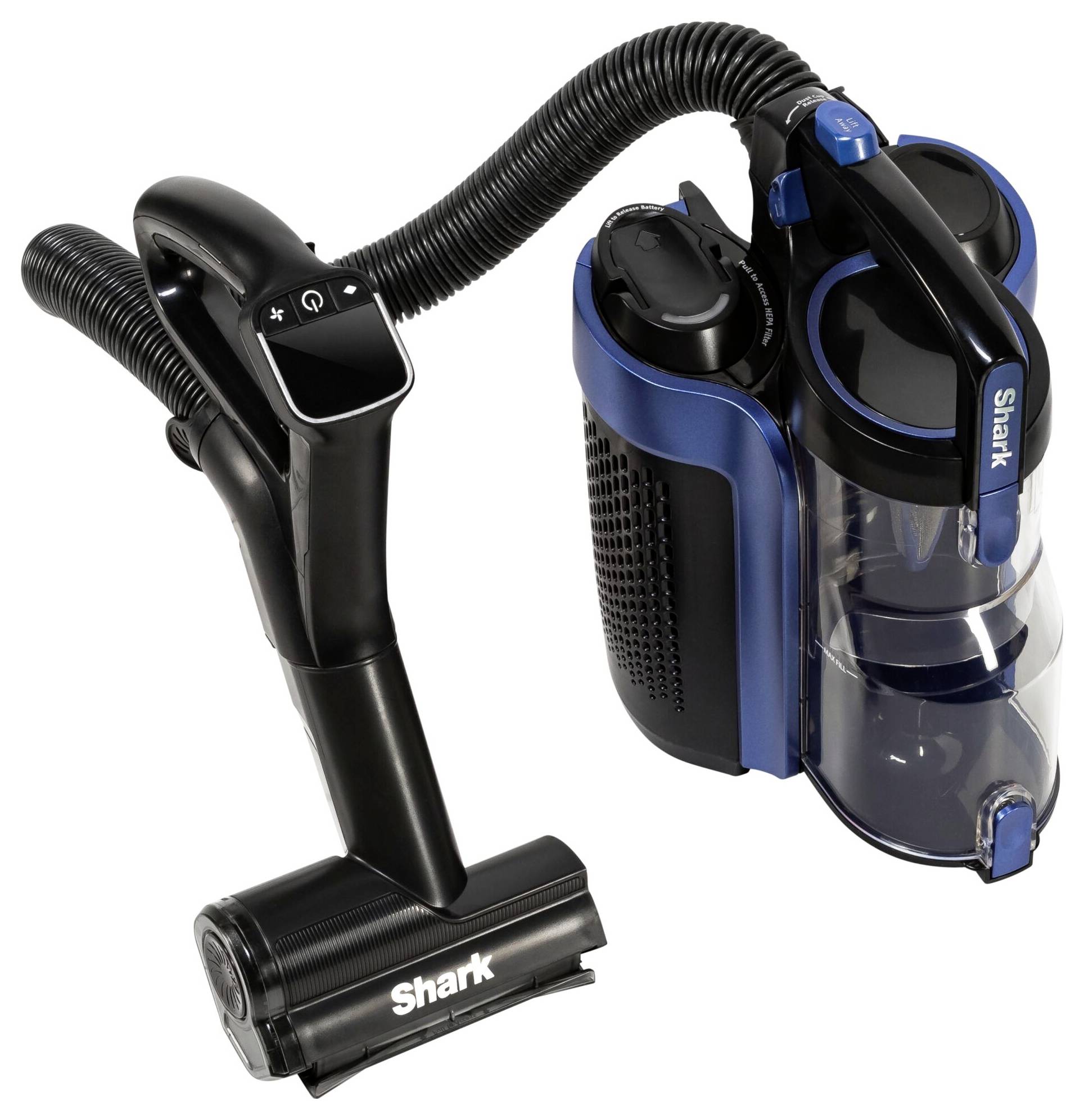 Tragbarer, schwarzer und blauer Staubsauger mit transparentem Behälter und flexiblem Saugschlauch; Marke 'Shark'.