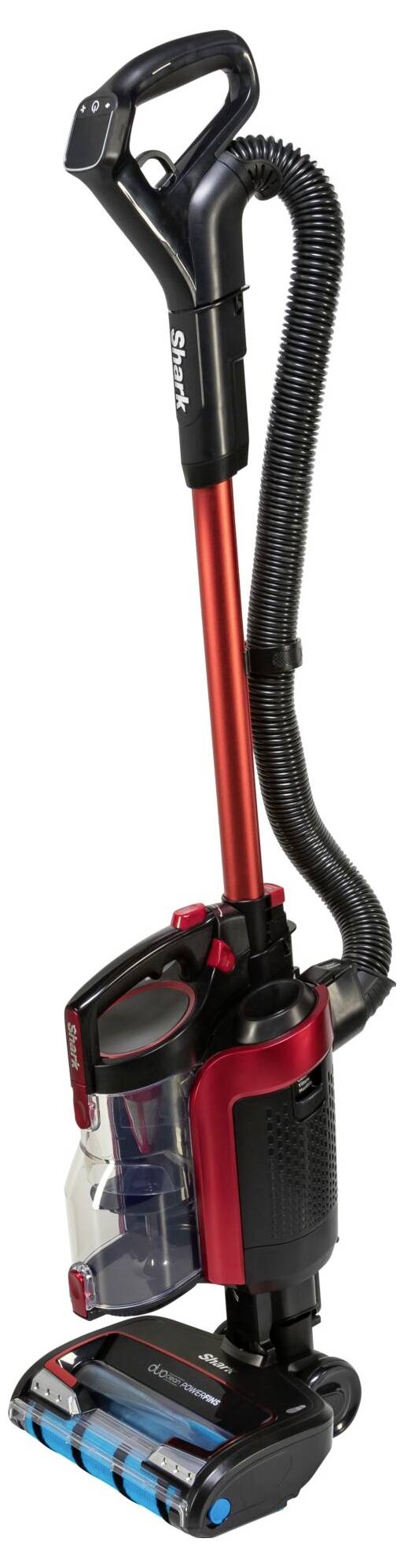 Roter und schwarzer Staubsauger mit Handgriff und transparentem Staubbehälter. Geeignet für Teppich- und Hartbodenreinigung.