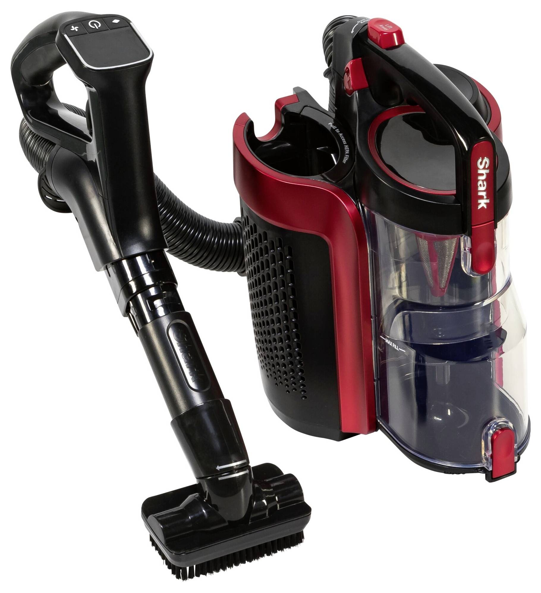 Roter und schwarzer tragbarer Staubsauger mit transparentem Behälter und Schlauch, geeignet für effiziente Reinigung in kleinen Räumen.