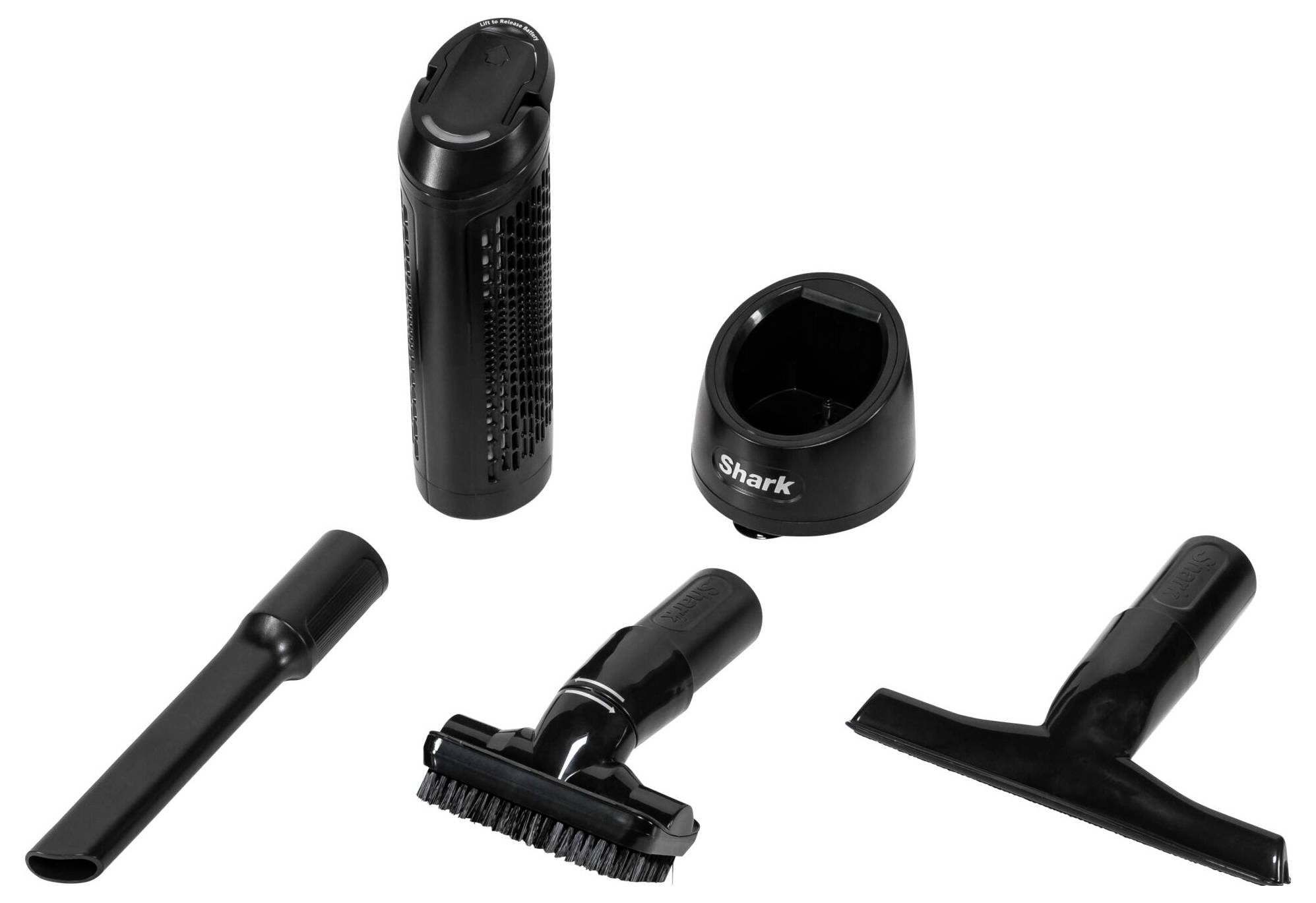 Ein Staubsauger-Set mit verschiedenen Aufsätzen, darunter ein schmaler Düsenaufsatz, ein Bürstenkopf, ein Kehrkopf, ein Filter und eine Ladeschale.