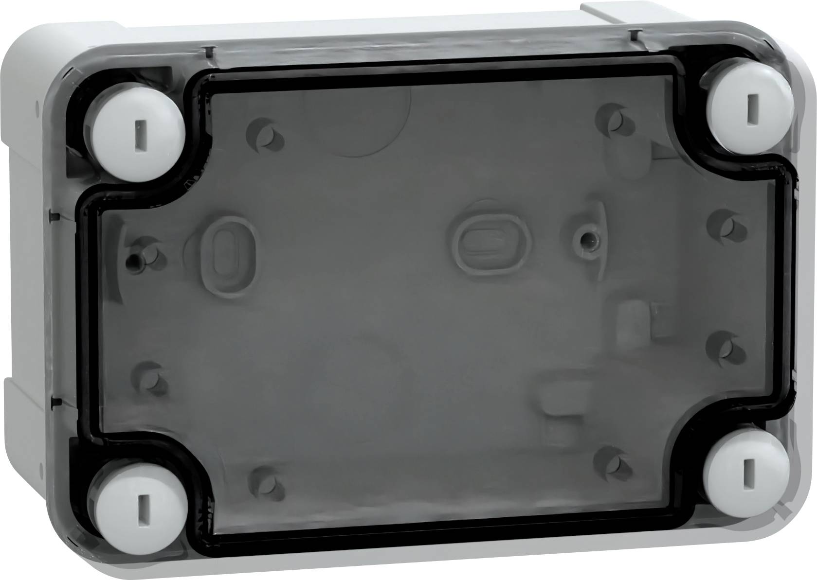 Rechteckiges, transparentes schwarzes elektronisches Gehäuse mit abgerundeten weißen Ecken, geeignet zum Schutz von Komponenten.