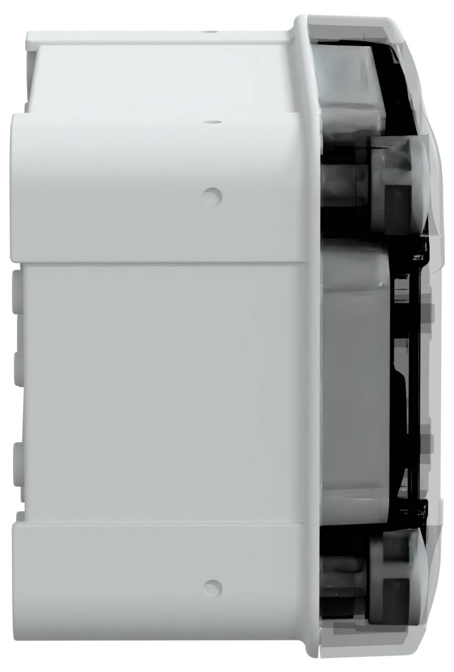 Seitenansicht eines weißen elektronischen Geräts, das seine rechteckige Form und mehrere Anschlüsse zeigt.