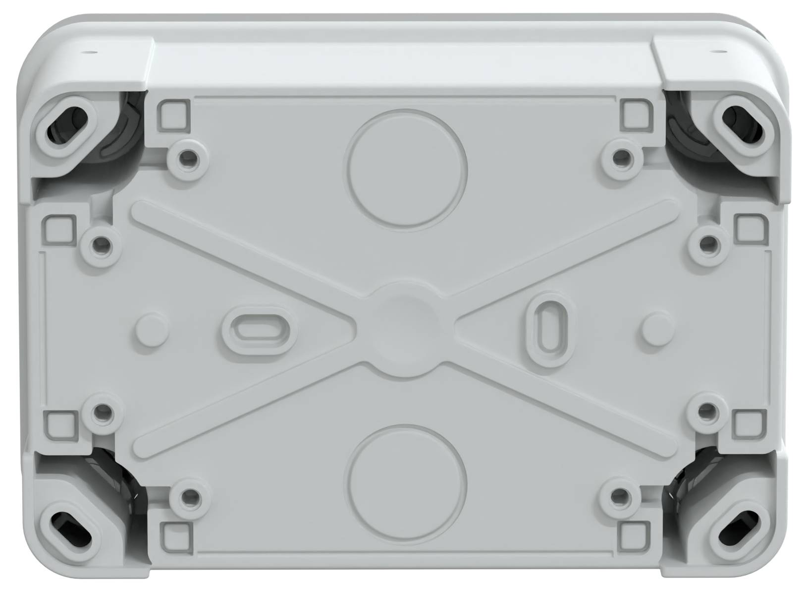 Ein rechteckiges, graues Kunststoff-Elektronikgehäuse mit abgerundeten Ecken, Schraubenbohrungen und einem Kreuz-Muster auf der Oberfläche.