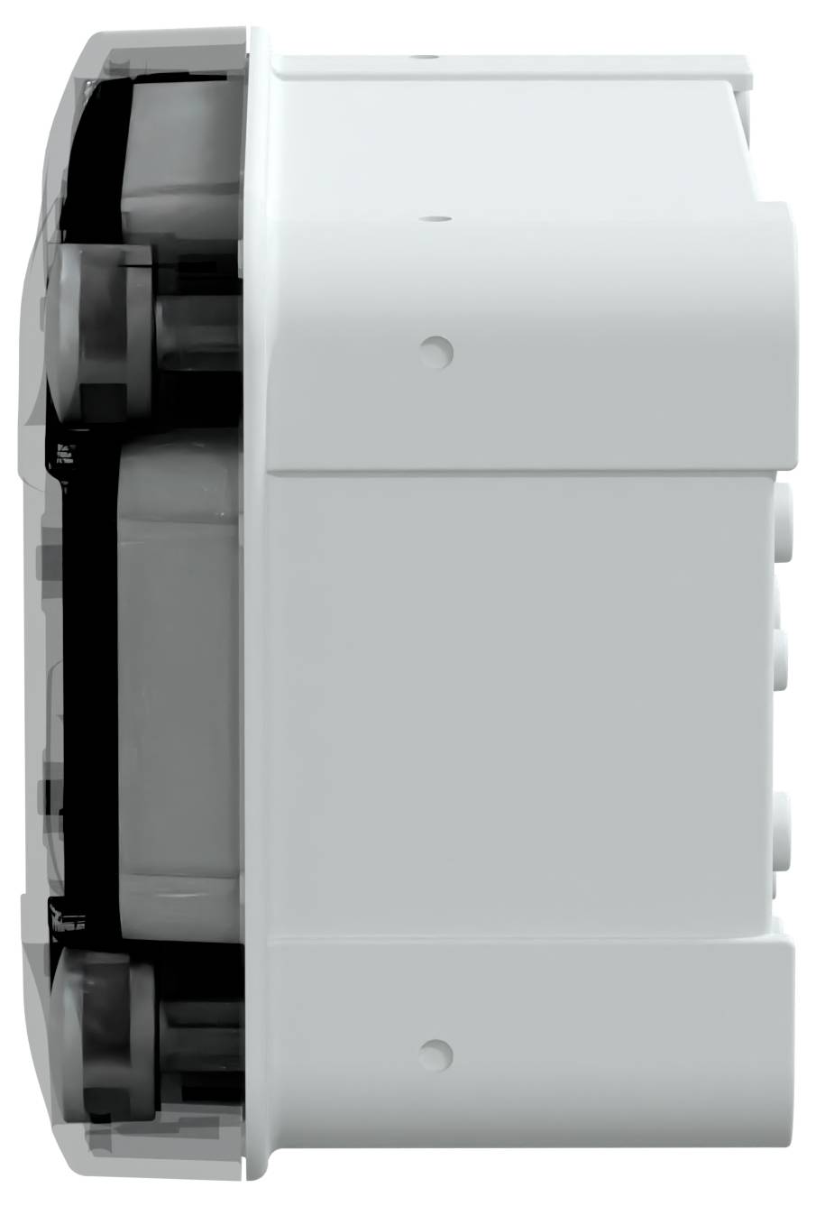 Seitenansicht eines kompakten, weißen Geräts mit rechteckiger Form und abgerundeten Kanten.