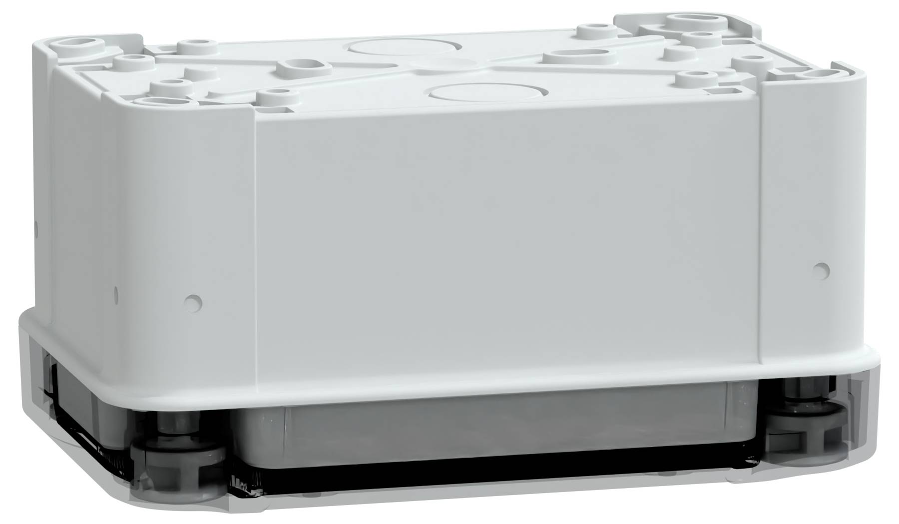 Rechteckiges weißes Kunststoffgehäuse mit abgerundeten Ecken, das auf einer dunklen Basis ruht und wahrscheinlich zur Unterbringung von elektrischen Komponenten dient.