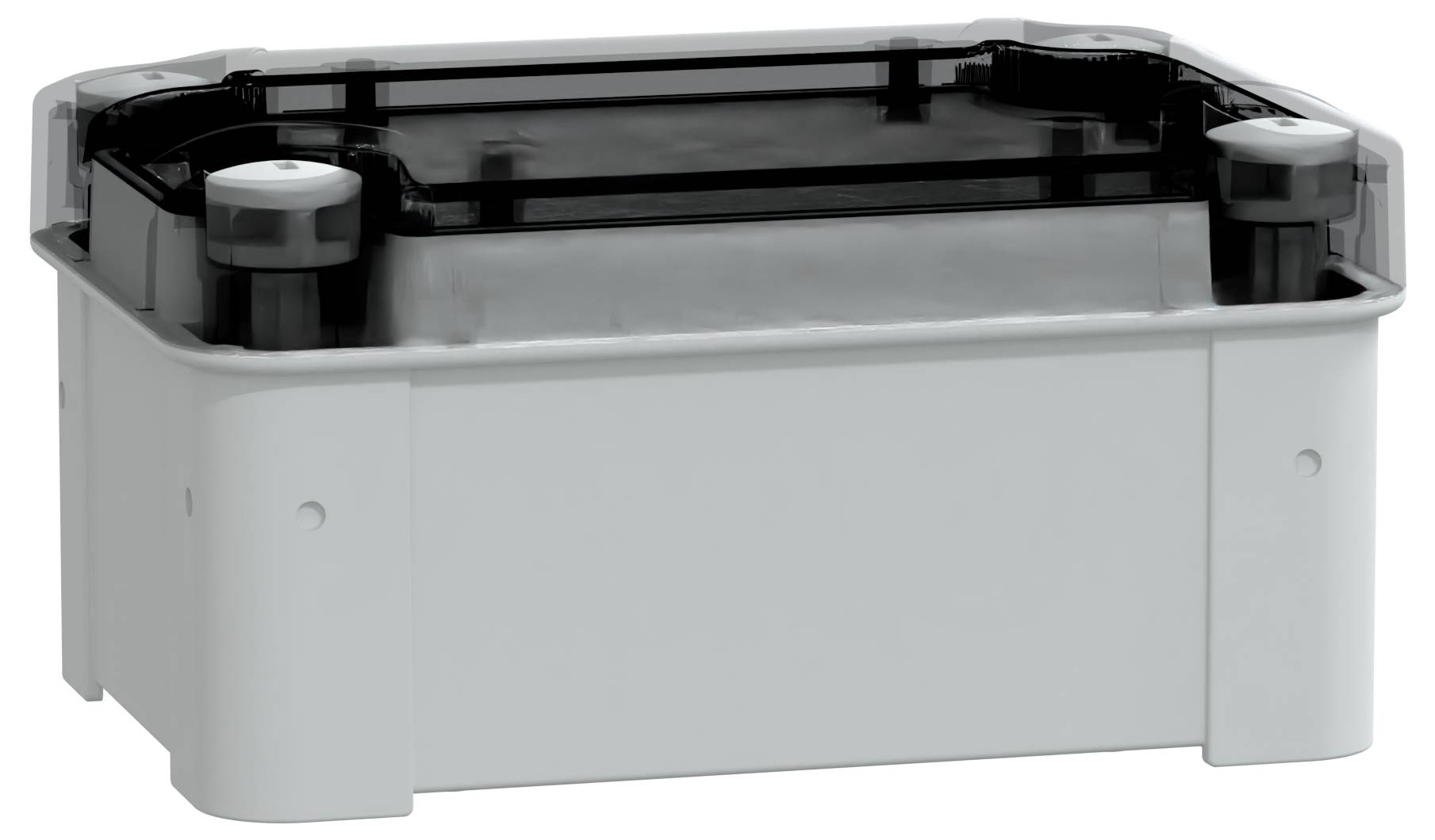 Ein rechteckiger, grauer Behälter mit einem transparenten schwarzen Deckel, konzipiert für Lagerung oder Organisation, der ein einfaches und funktionales Design präsentiert.