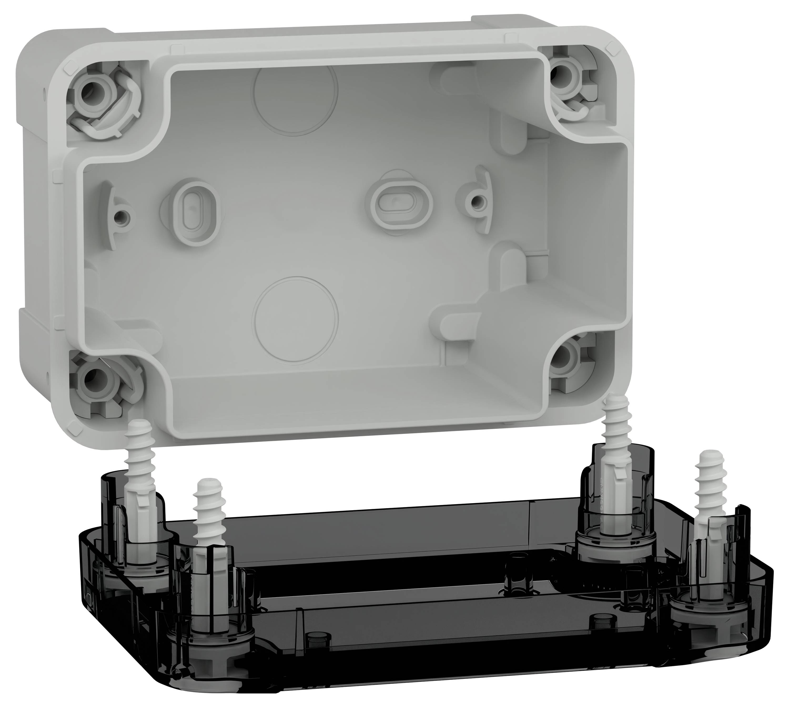 Eine graue Kunststoff-Elektro-Abzweigdose mit abnehmbarem Deckel und Schraubbefestigungen.