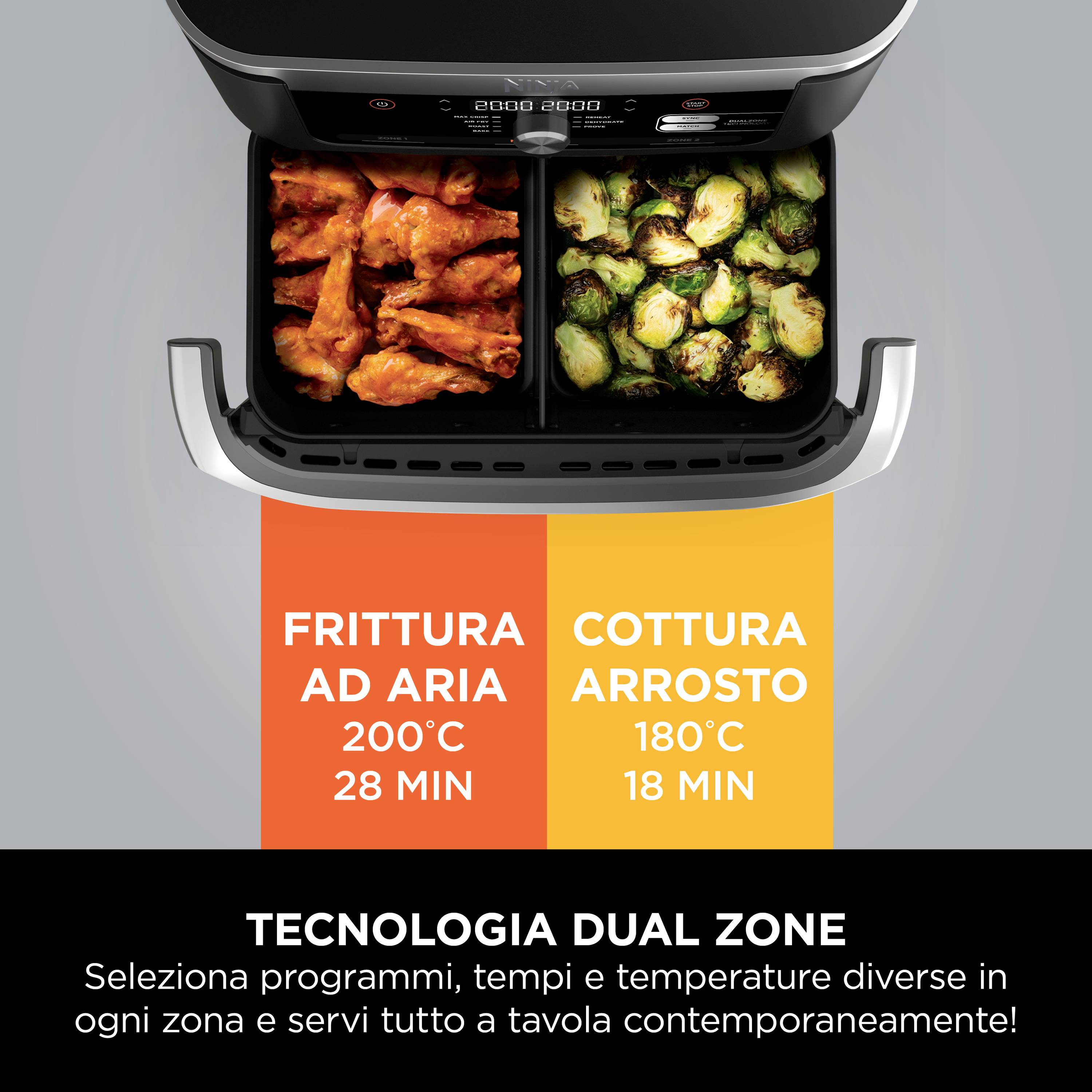 Luftfrittieren: 200°C, 28 Min. - Braten: 180°C, 18 Min. - Dual Zone-Technologie: Unterschiedliche Programme und Temperaturen wählen.