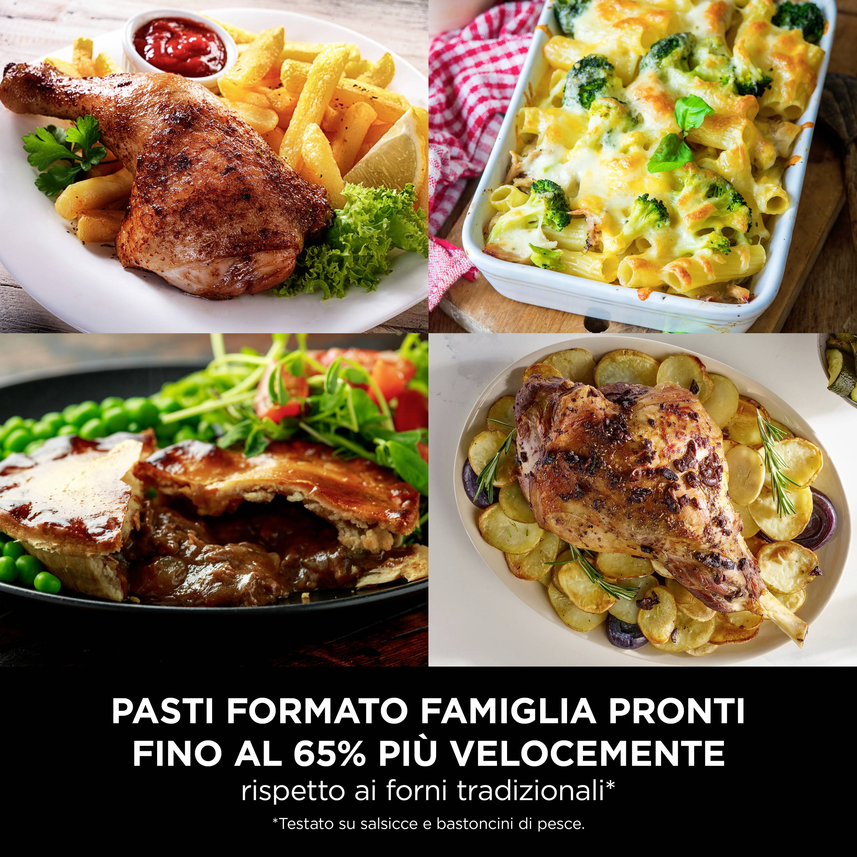 Drei Gerichte: Ein Teller mit Hähnchen und Pommes, Lasagne und Erbsen mit Fleisch. Darunter steht 'Pasti formato famiglia pronti'.
