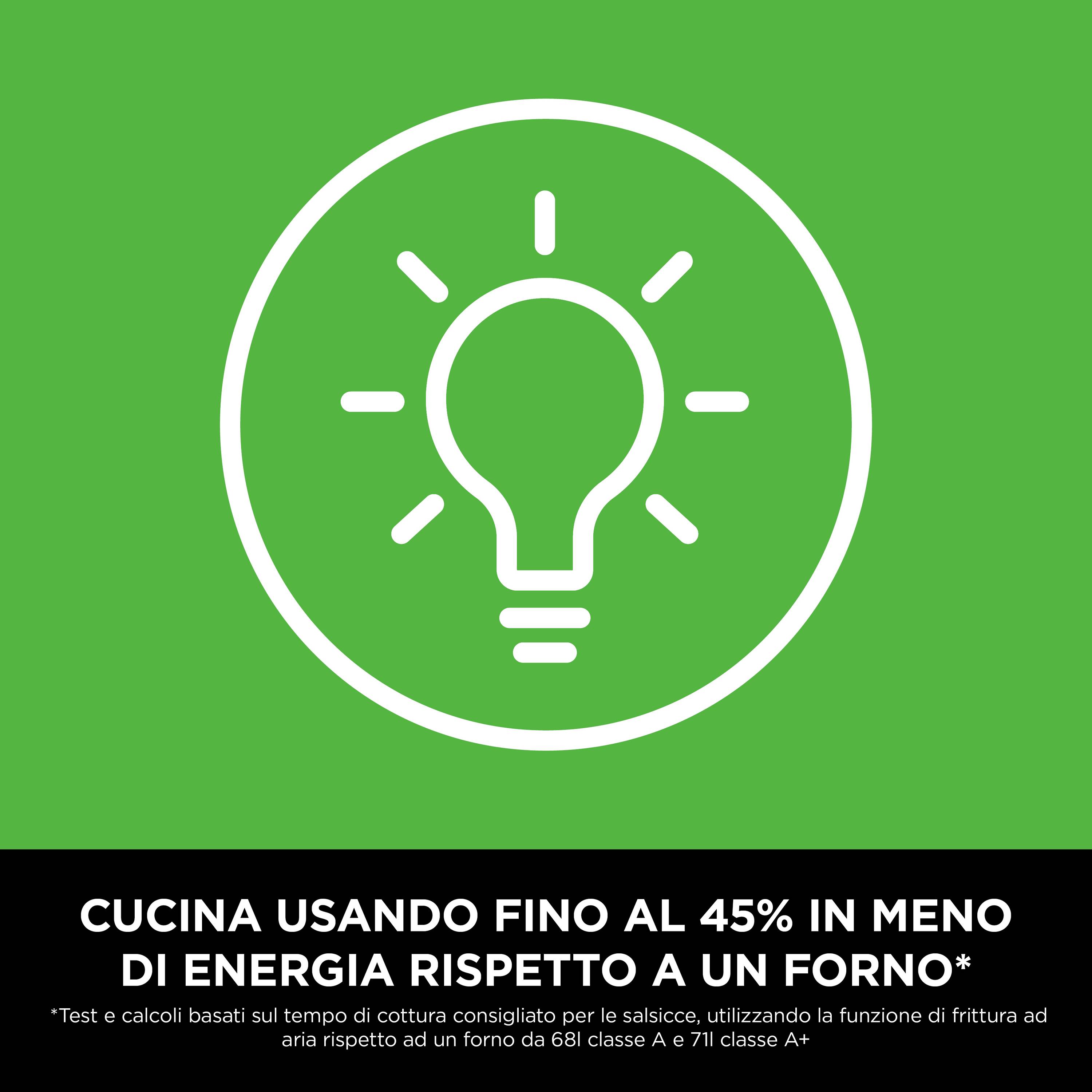 Lampe in Kreis, symbolisiert Energieeinsparung. Text informiert über bis zu 45% weniger Energieverbrauch beim Kochen als im Ofen.